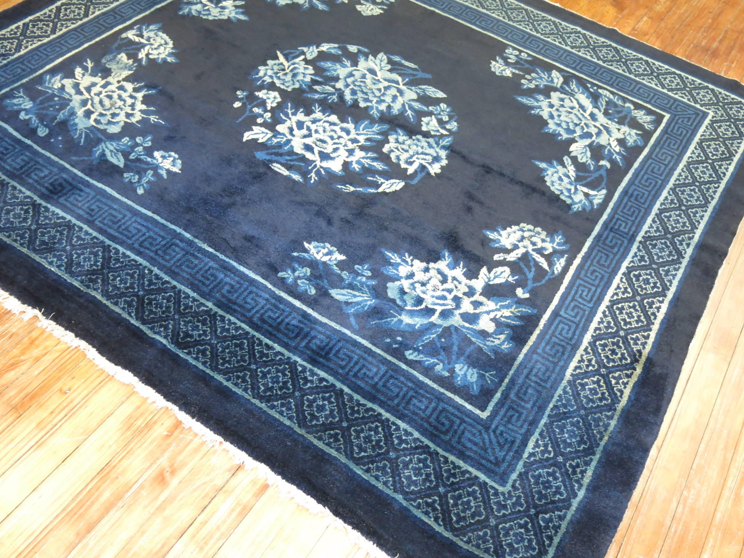 Midnight Blue Antique Chinese Square Peking Rug In Good Condition In New York, NY