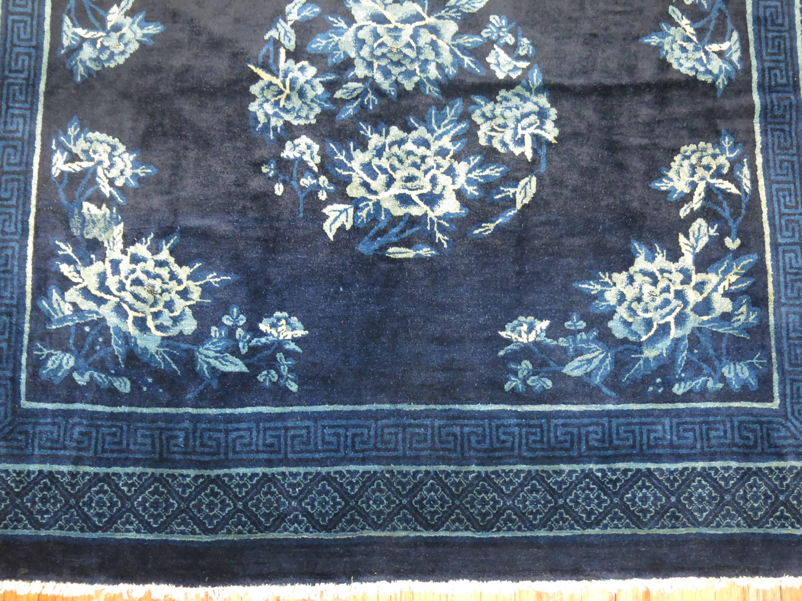 20th Century Midnight Blue Antique Chinese Square Peking Rug For Sale