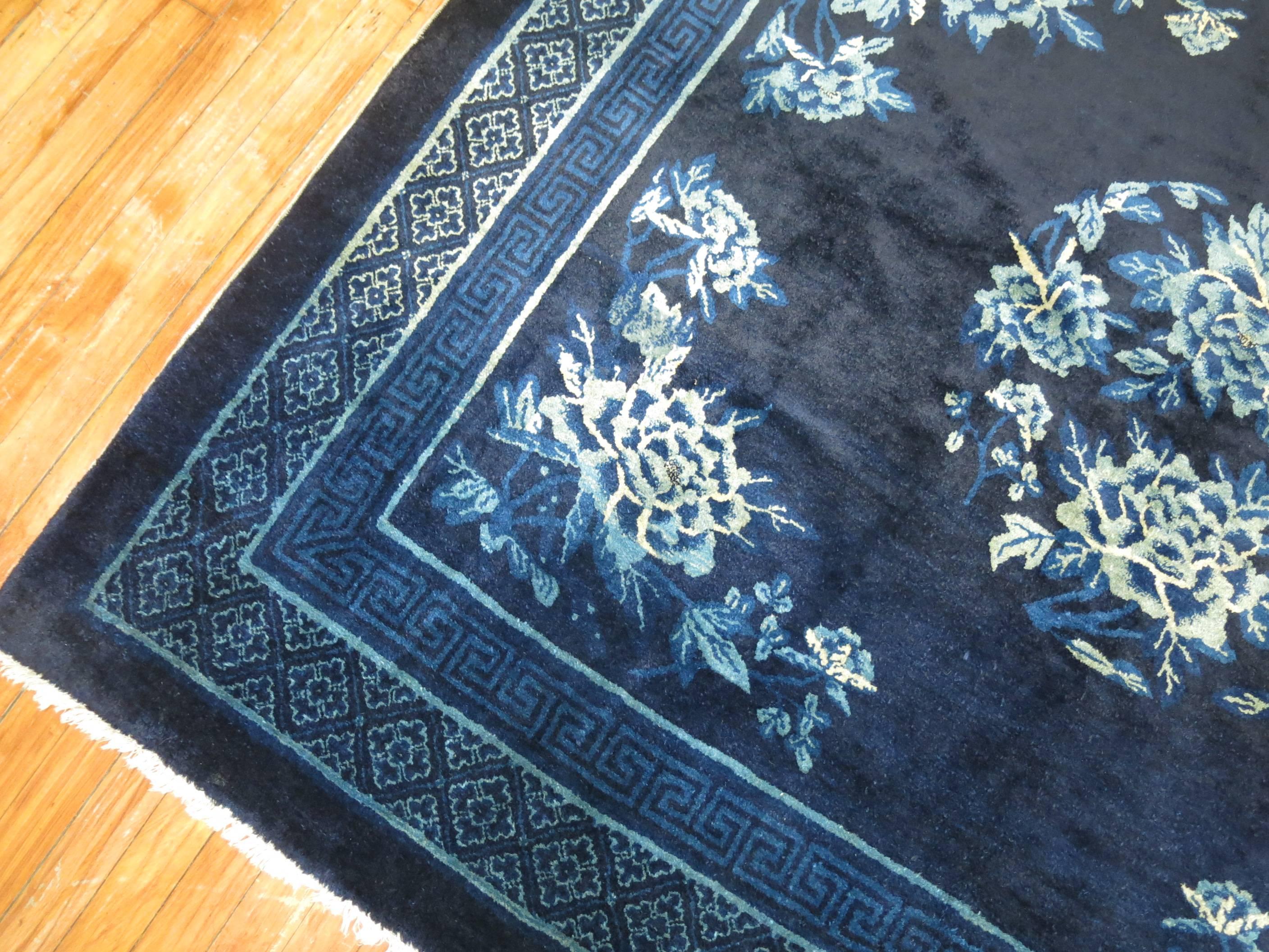 Wool Midnight Blue Antique Chinese Square Peking Rug For Sale