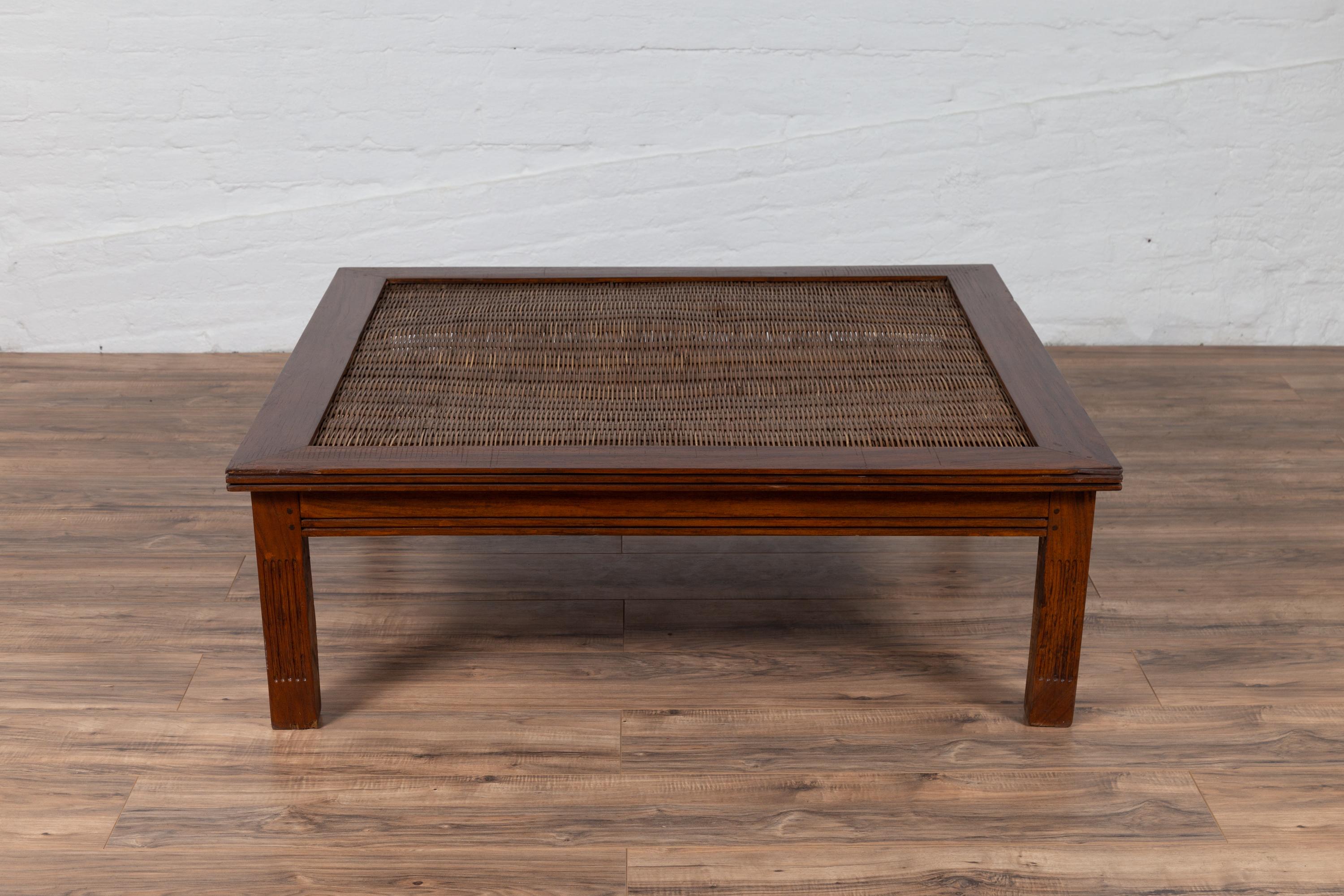 Antique Chinese Square-Shaped Elm Coffee Table with Rattan Inset and Fluted Legs 4