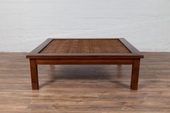 Antique Chinese Square-Shaped Elm Coffee Table with Rattan Inset and Fluted Legs