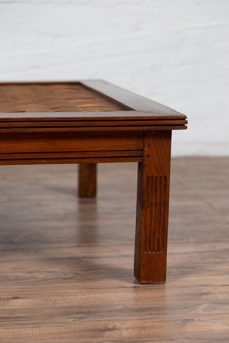 Antique Chinese Square-Shaped Elm Coffee Table with Rattan Inset and Fluted  Legs at 1stDibs