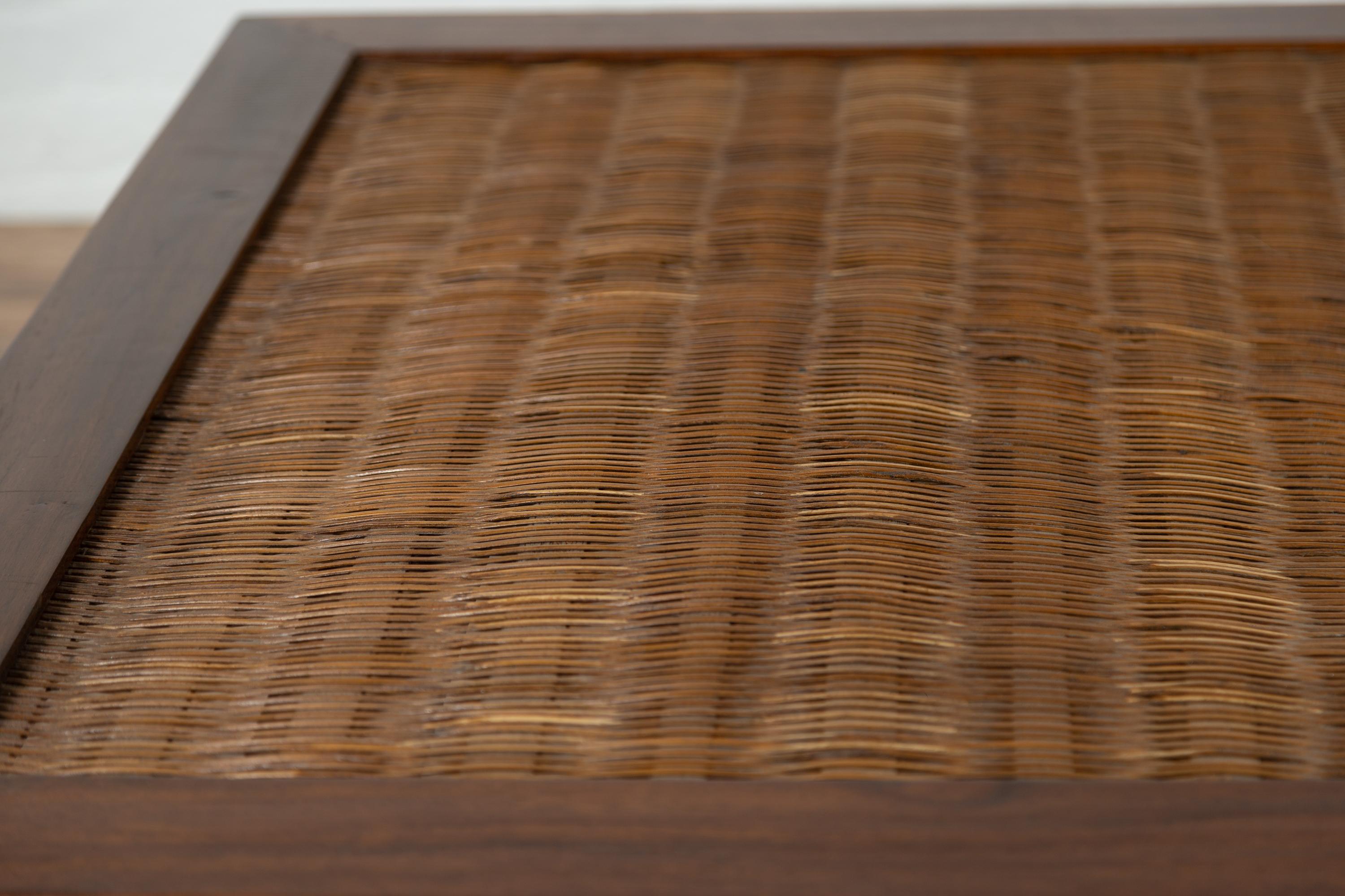 20th Century Antique Chinese Square-Shaped Elm Coffee Table with Rattan Inset and Fluted Legs