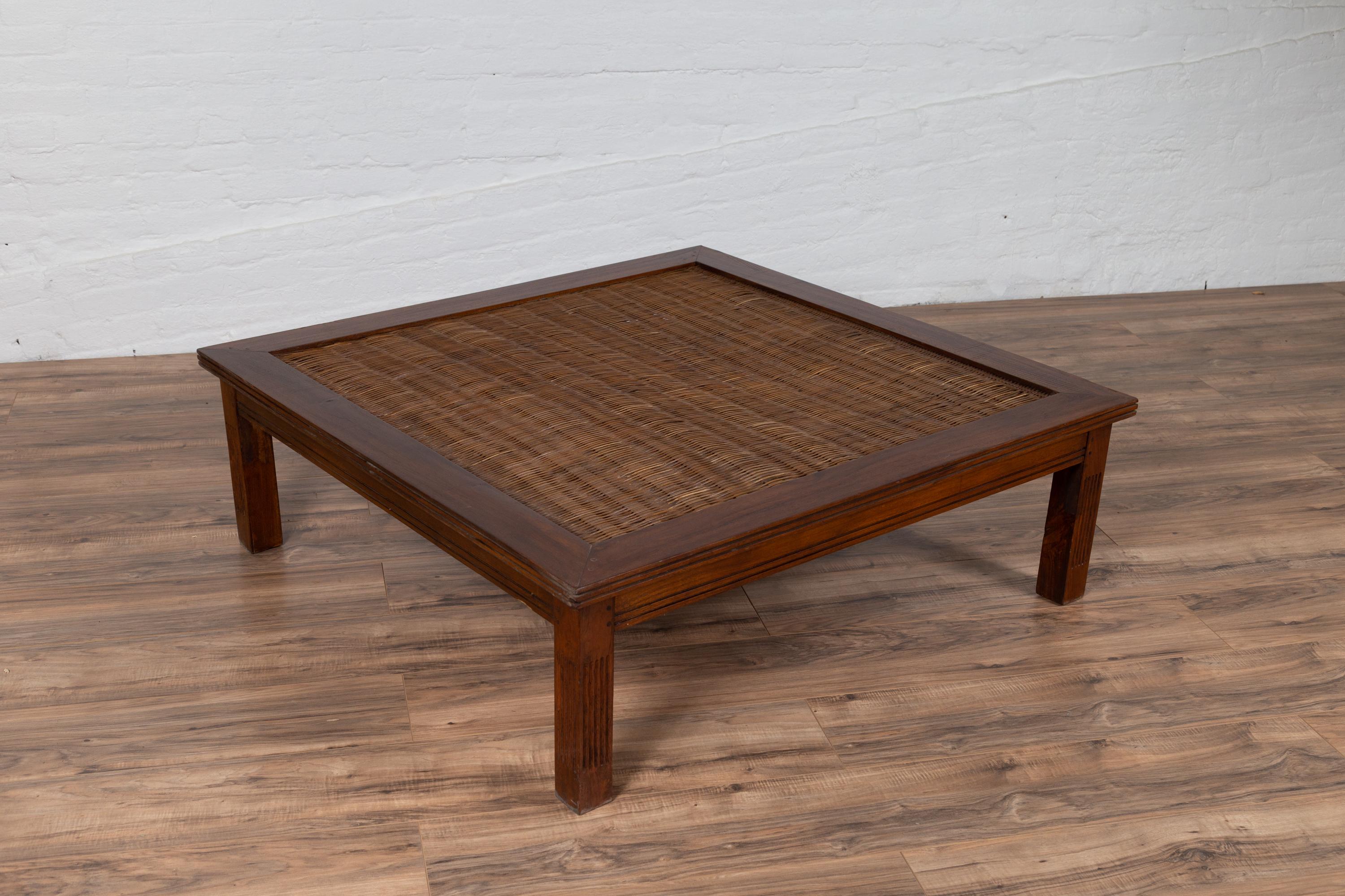 Antique Chinese Square-Shaped Elm Coffee Table with Rattan Inset and Fluted Legs 1