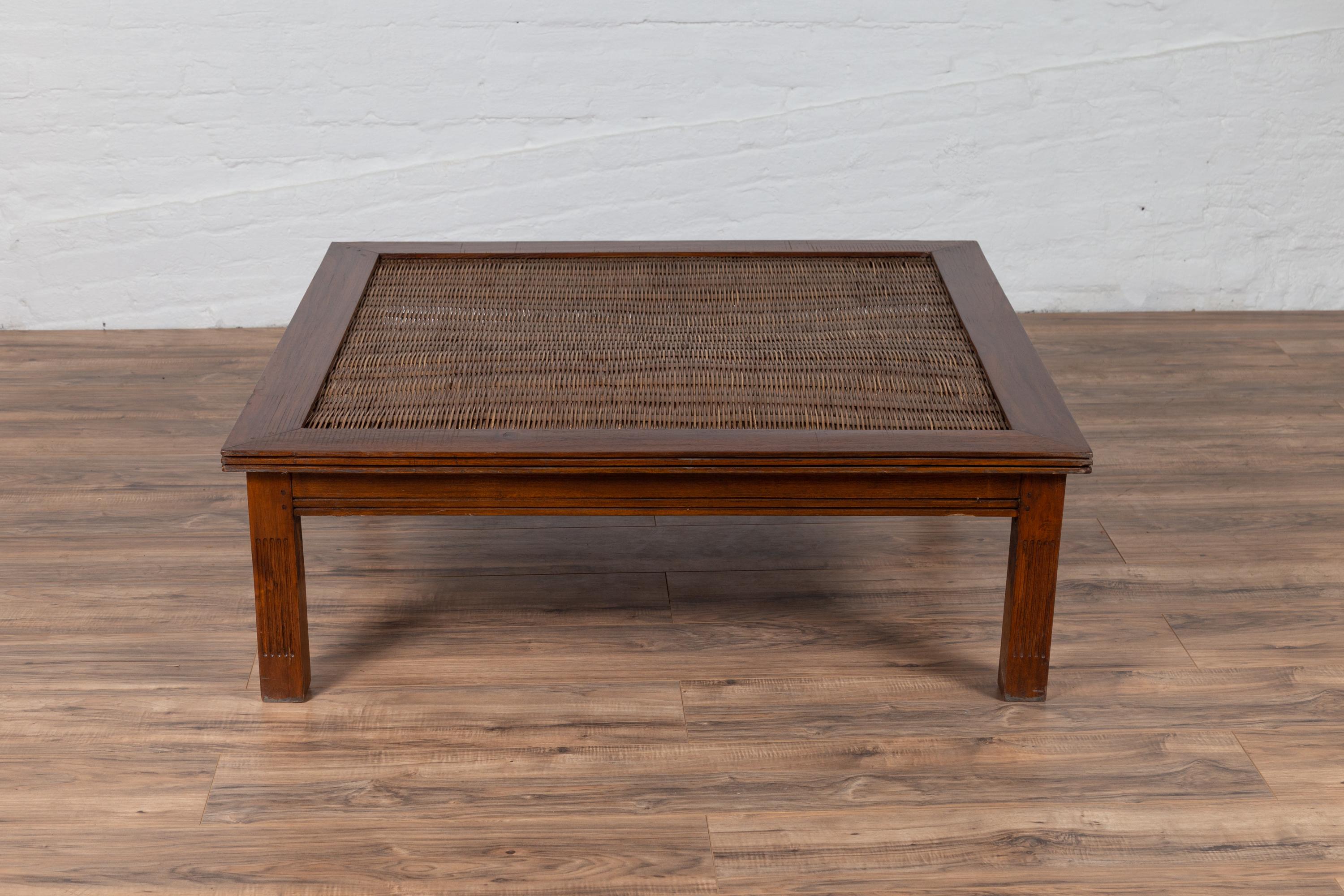 Antique Chinese Square-Shaped Elm Coffee Table with Rattan Inset and Fluted Legs 2