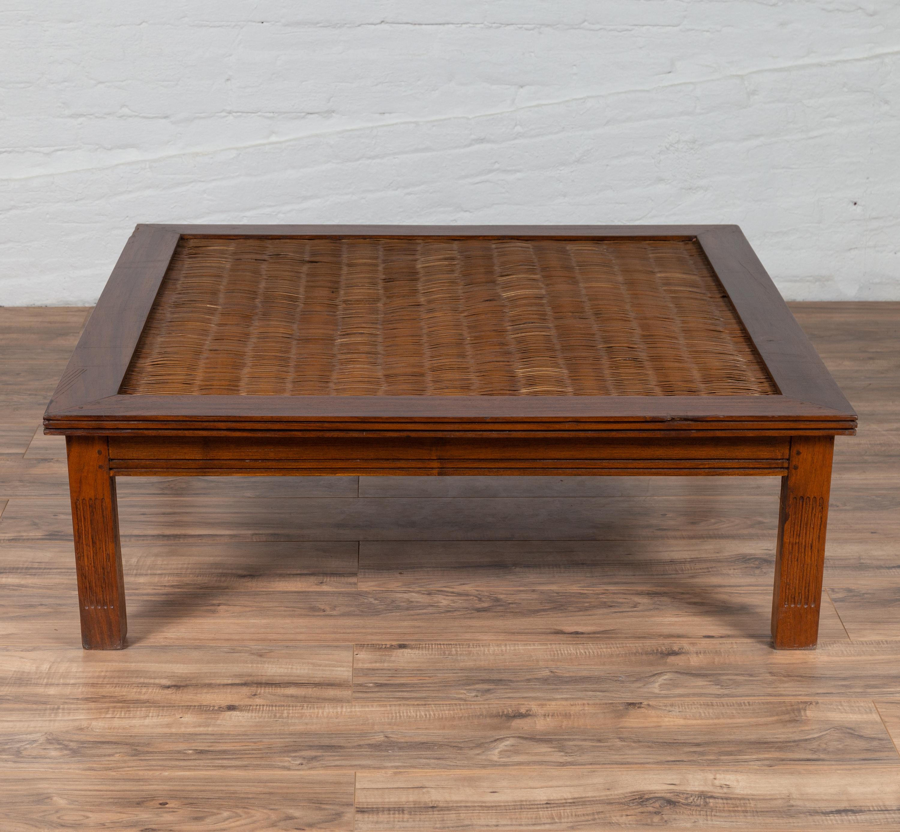 Antique Chinese Square-Shaped Elm Coffee Table with Rattan Inset and Fluted Legs 3