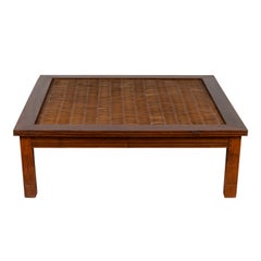 Antique Chinese Square-Shaped Elm Coffee Table with Rattan Inset and Fluted Legs