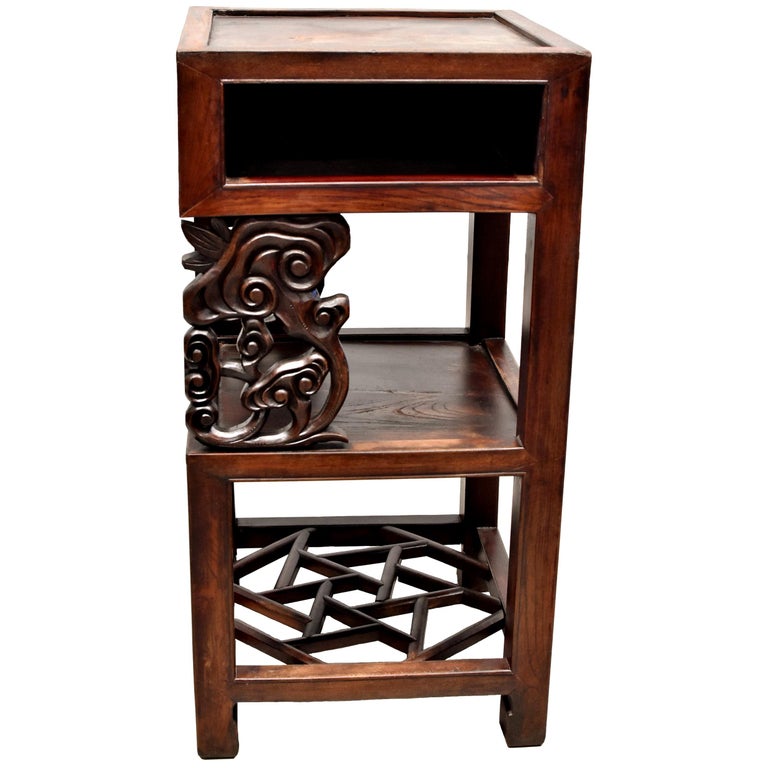 Antique Chinese Square Side Table With Lin Zhi Motif