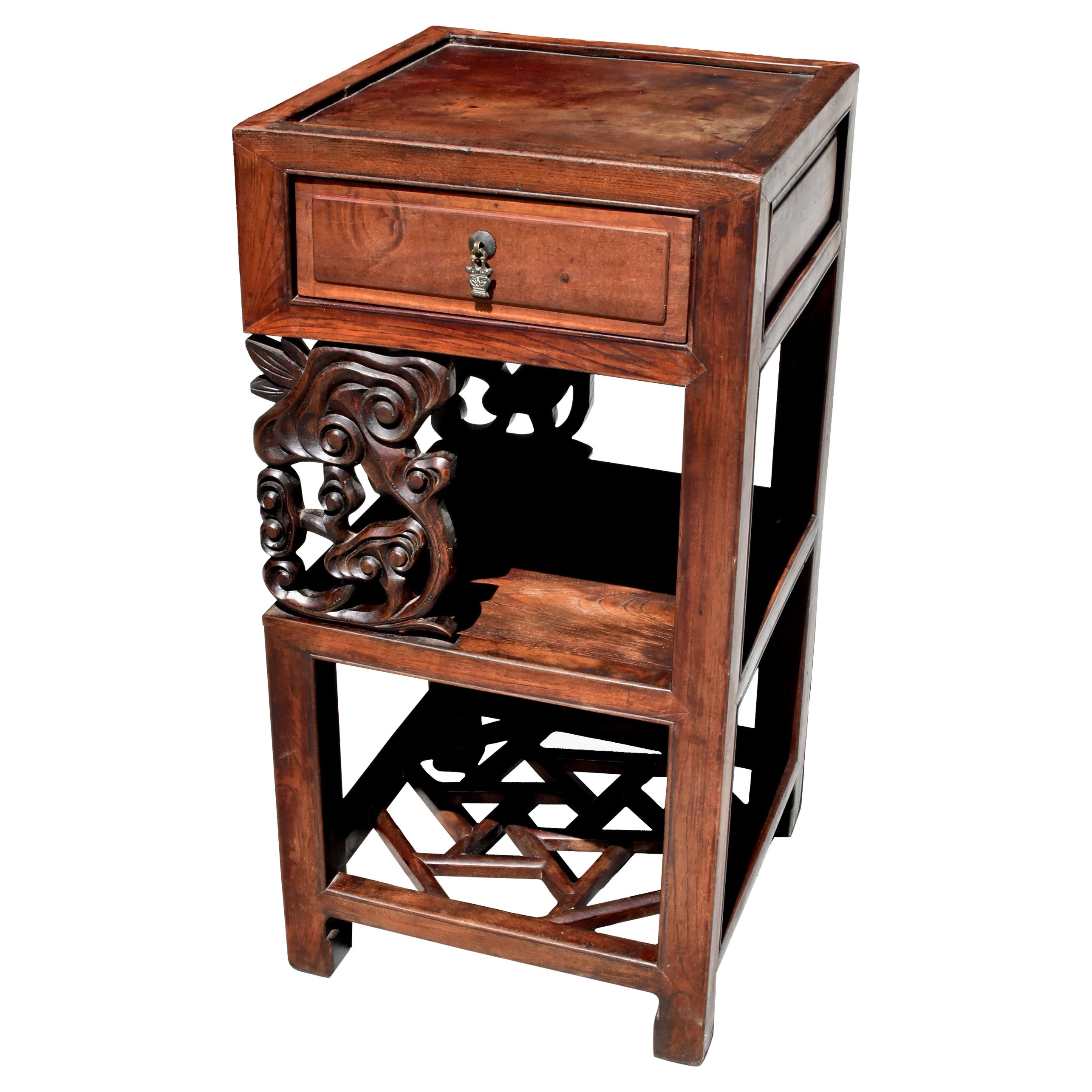 Antique Chinese Square Side Table with Lin Zhi Motif