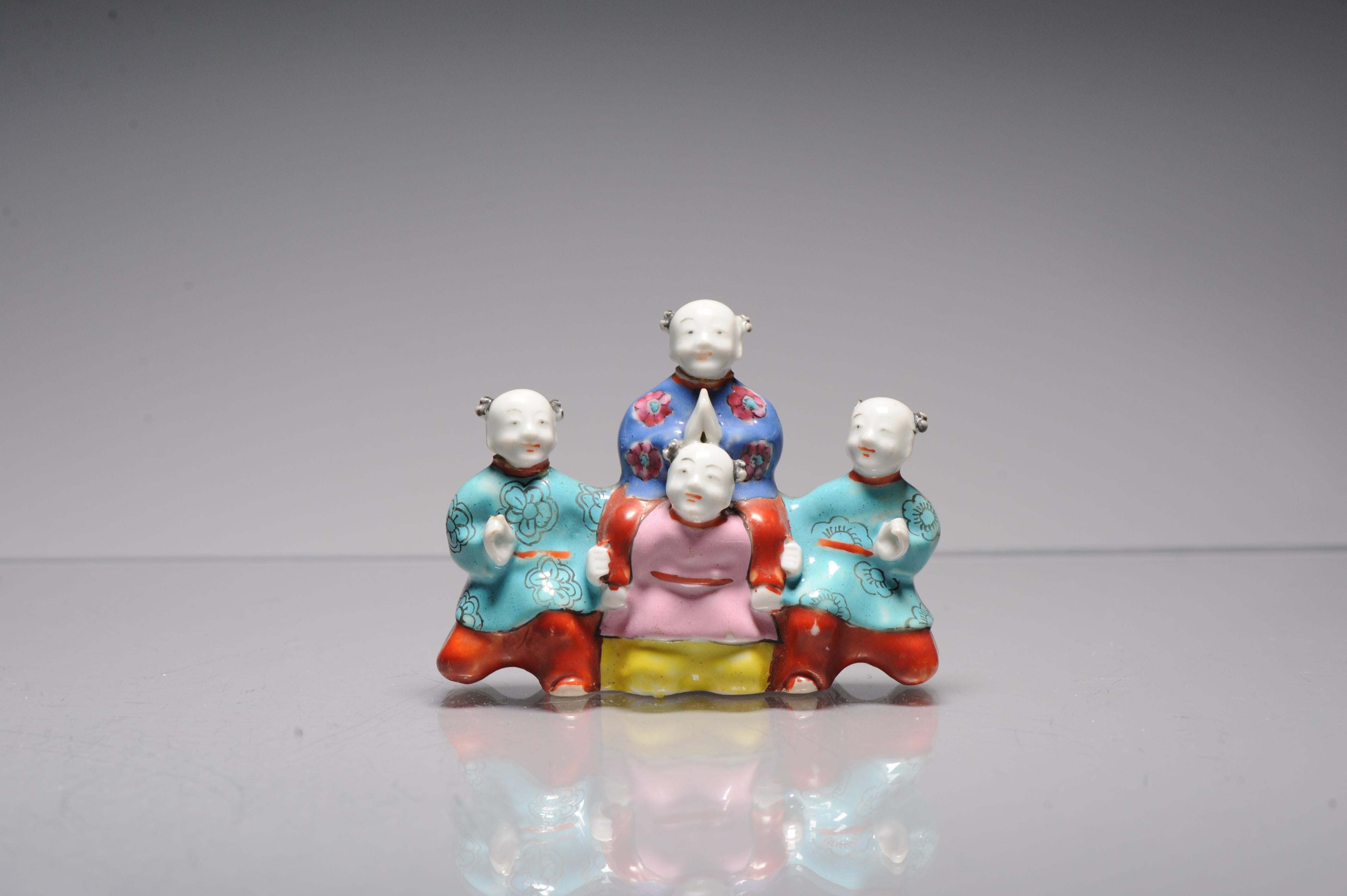 Description

An unusual Chinese export porcelain Famille Rose model of 4 children, 1 on the neck of the other. Qianlong/Jiaqing period.

Condition

Overall Condition Right boy with chip to knot and small fritting to hand. Upper and left boy