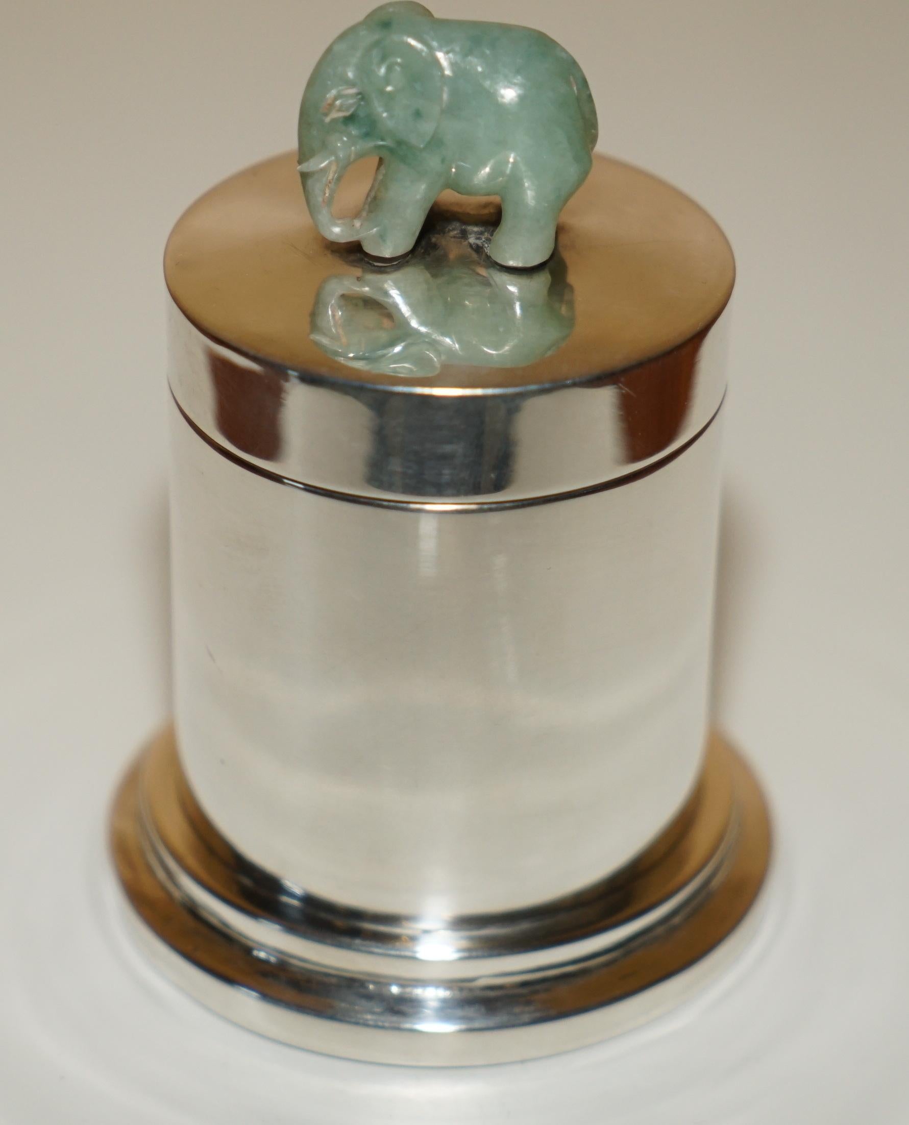 ANTiQUE CHINESE STERLING SILVER POT HAND CARVED JADE ELEPHANT DECORATIVE TOP For Sale 1