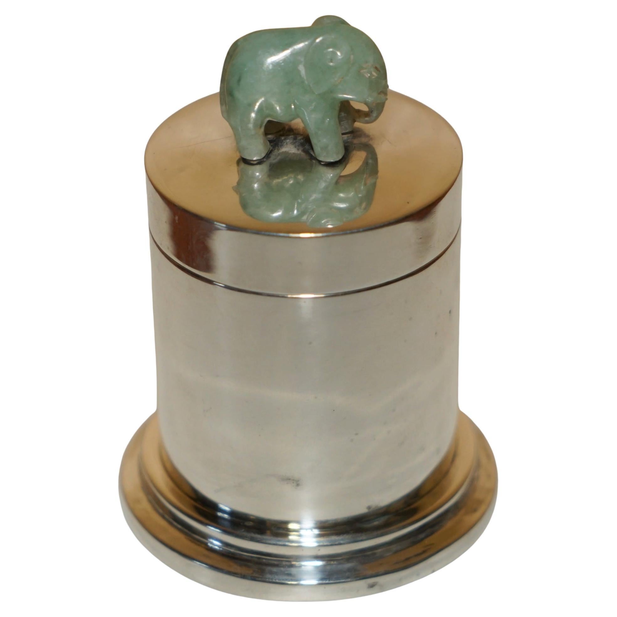 ANTiQUE CHINESE STERLING SILVER POT HAND CARVED JADE ELEPHANT DECORATIVE TOP