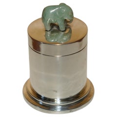 ANTiQUE CHINESE STERLING SILVER POT HAND CARVED JADE ELEPHANT DECORATIVE TOP