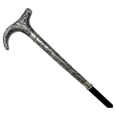 Antique Chinese Sterling Silver Qing Lady's Walking Swagger Stick Cane 2 Dragons