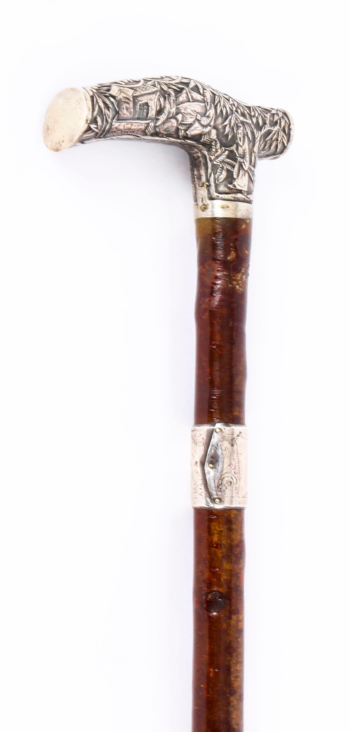 Antique Chinese Sterling Silver Walking Stick Cane L-Shaped Handle, 20th Century In Good Condition In London, GB