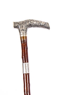 Antique Chinese Sterling Silver Walking Stick Cane L-Shaped Handle, 20th Century