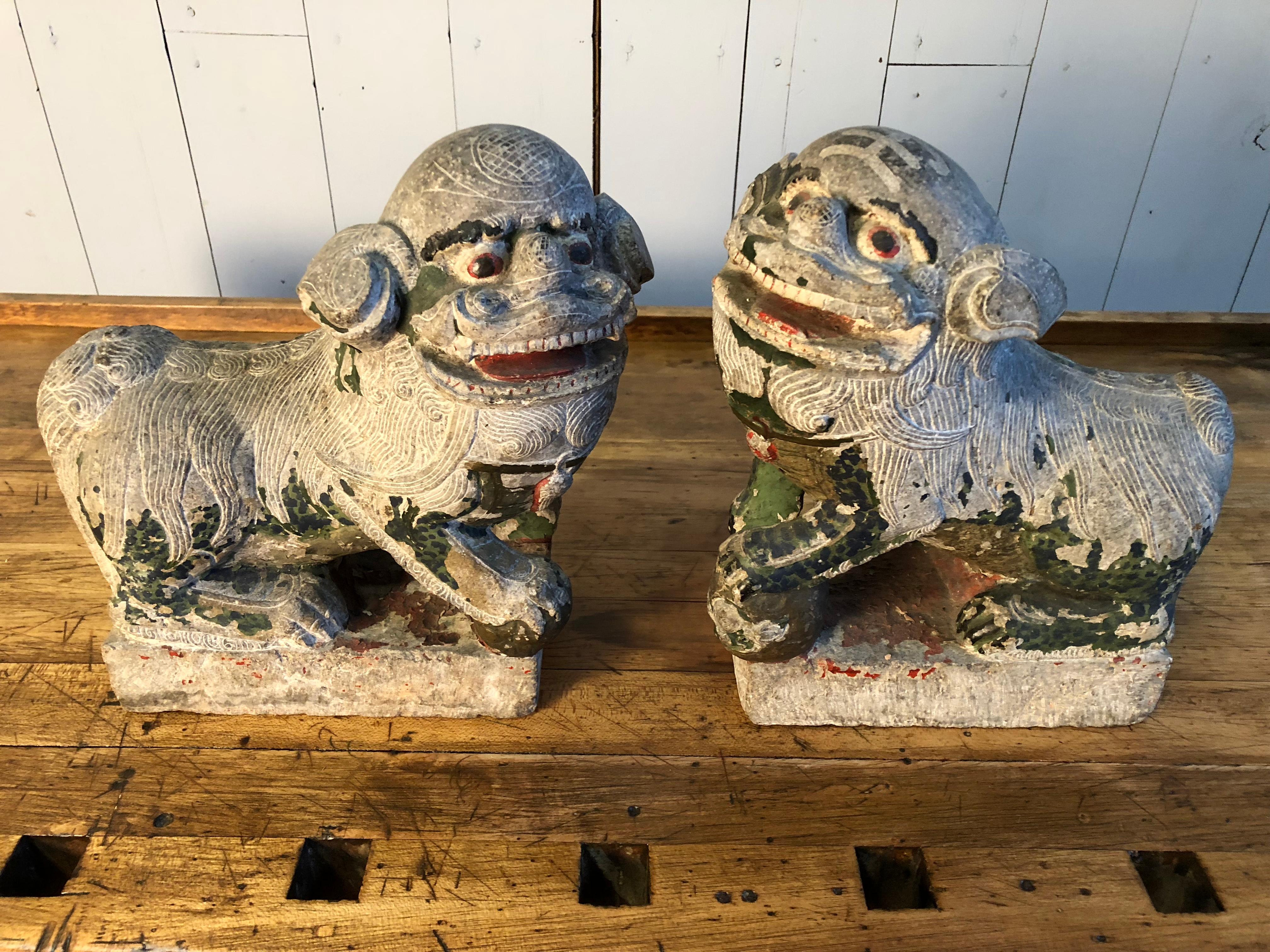 Antique Chinese Stone Foo Dogs In Good Condition In Doylestown, PA