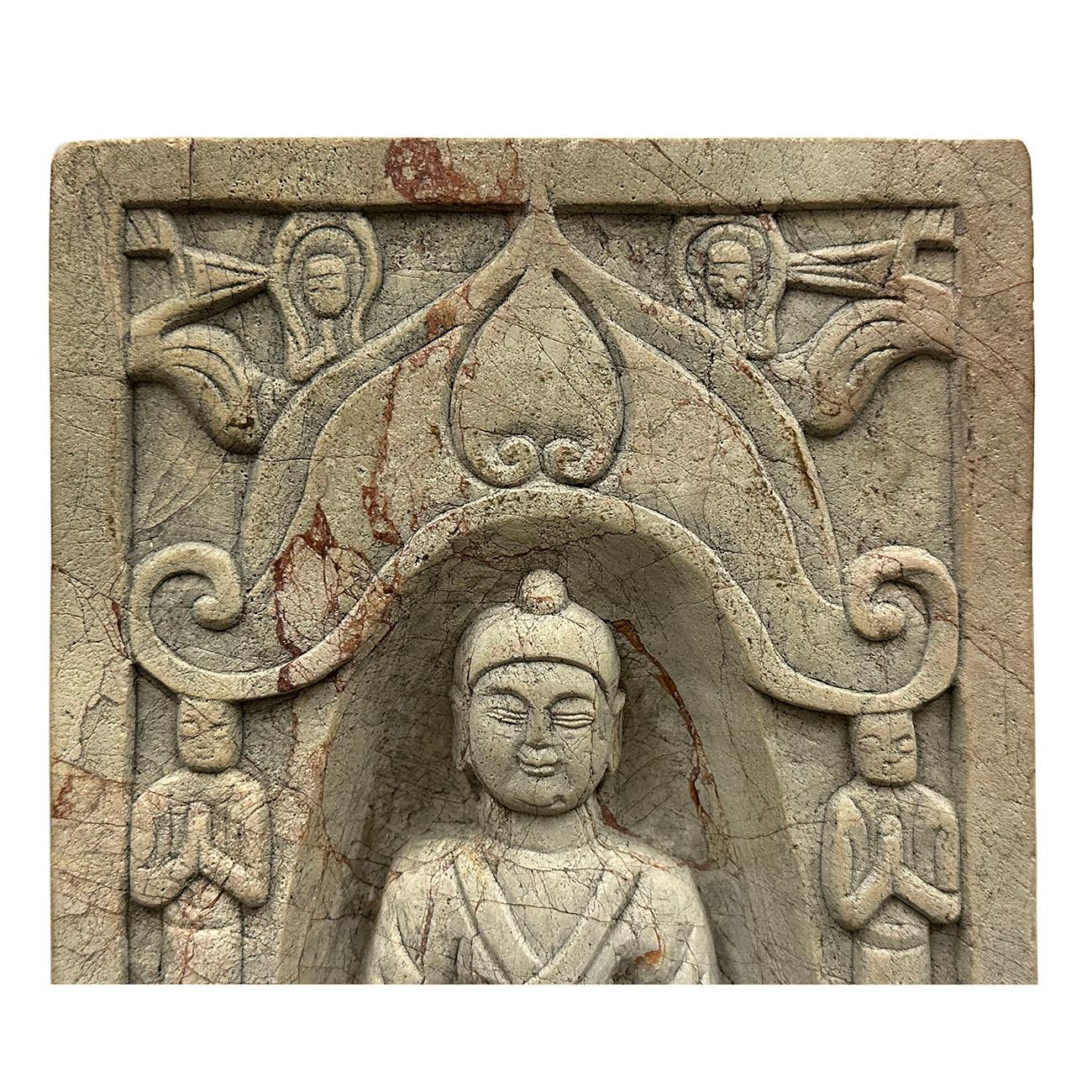 Sculpté à la main Ancienne sculpture murale de temple chinois en pierre/plaque murale de Bouddha en vente