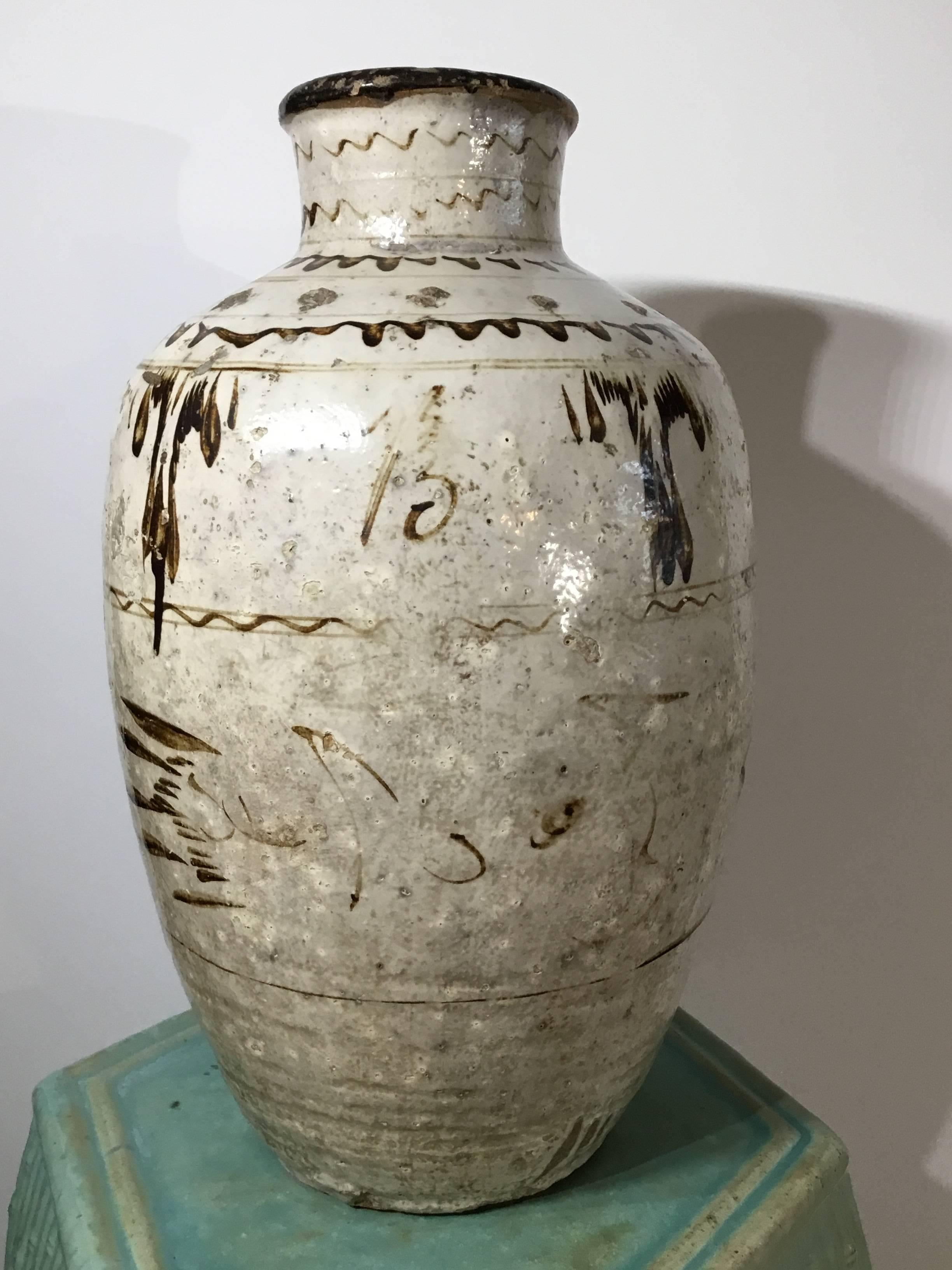 Beautiful stoneware Chinese vessel, hand-painted and glazed, decorated with Chinese motifs or calligraphy like to make exceptional object of art. Two more available.