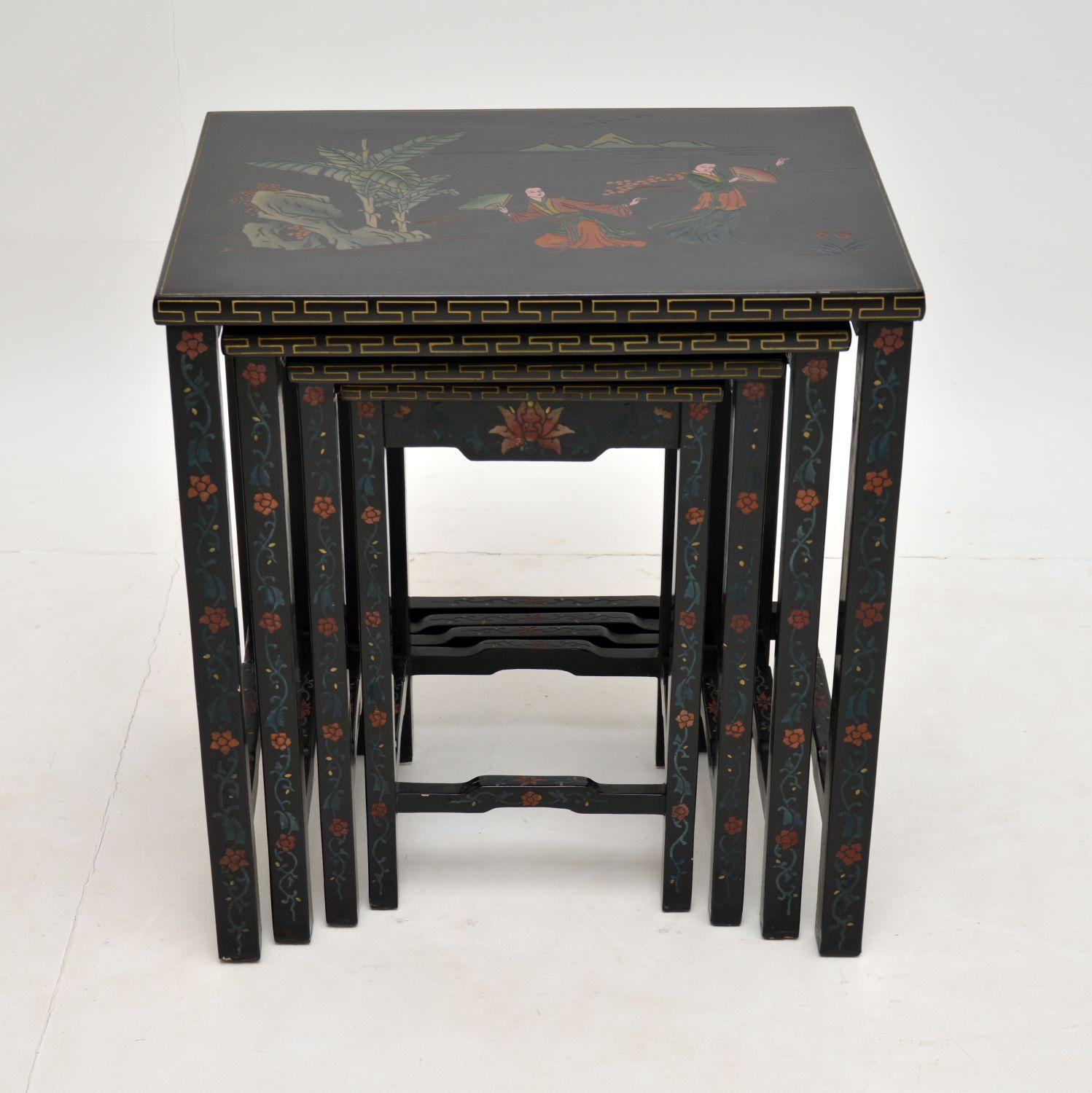 A beautifully designed nest of three tables in the antique Chinese style. These date from around the 1950’s.

The quality is excellent, they are decorated with gorgeous lacquered chinoiserie. The tops have colourful scenes of traditional Chinese