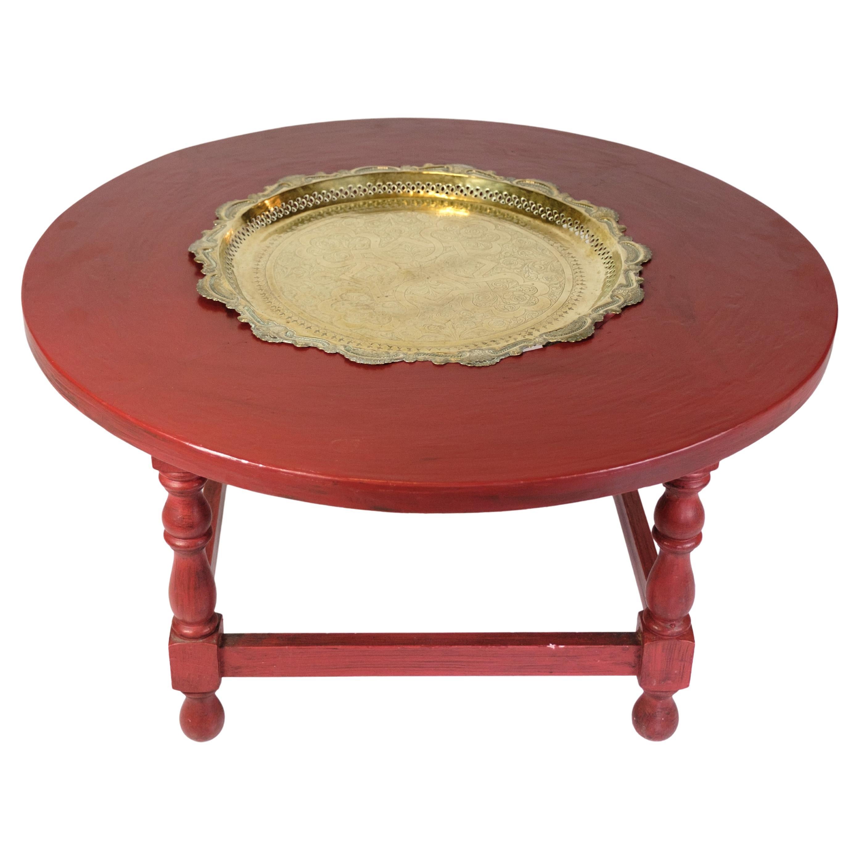 Antique Chinese Style Round Coffee Table With Bulit-in Brass Tray From 1890s