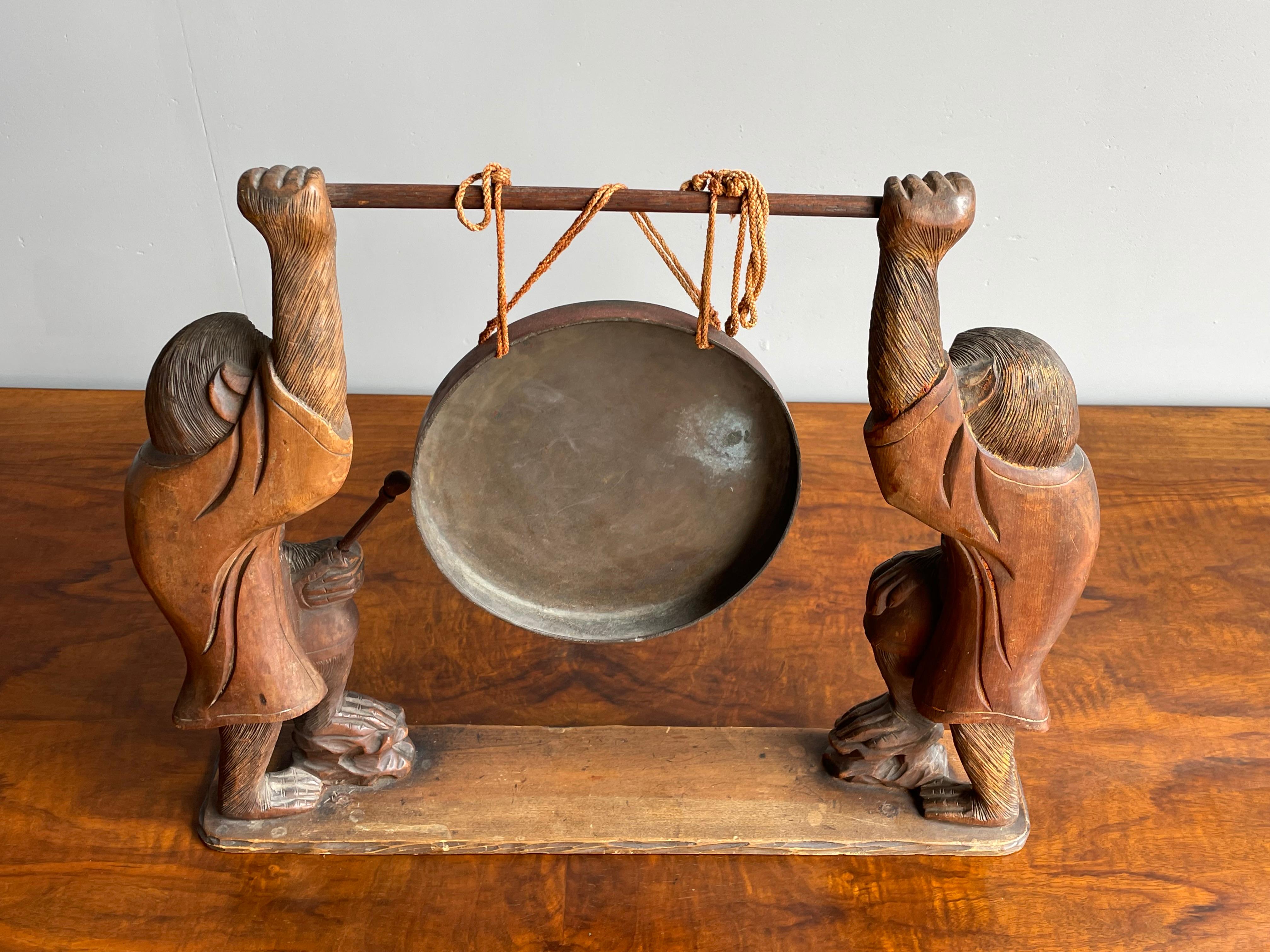 Antique Chinese Table Gong Held Up by Two Hand Carved Wooden Monkey Sculptures 9