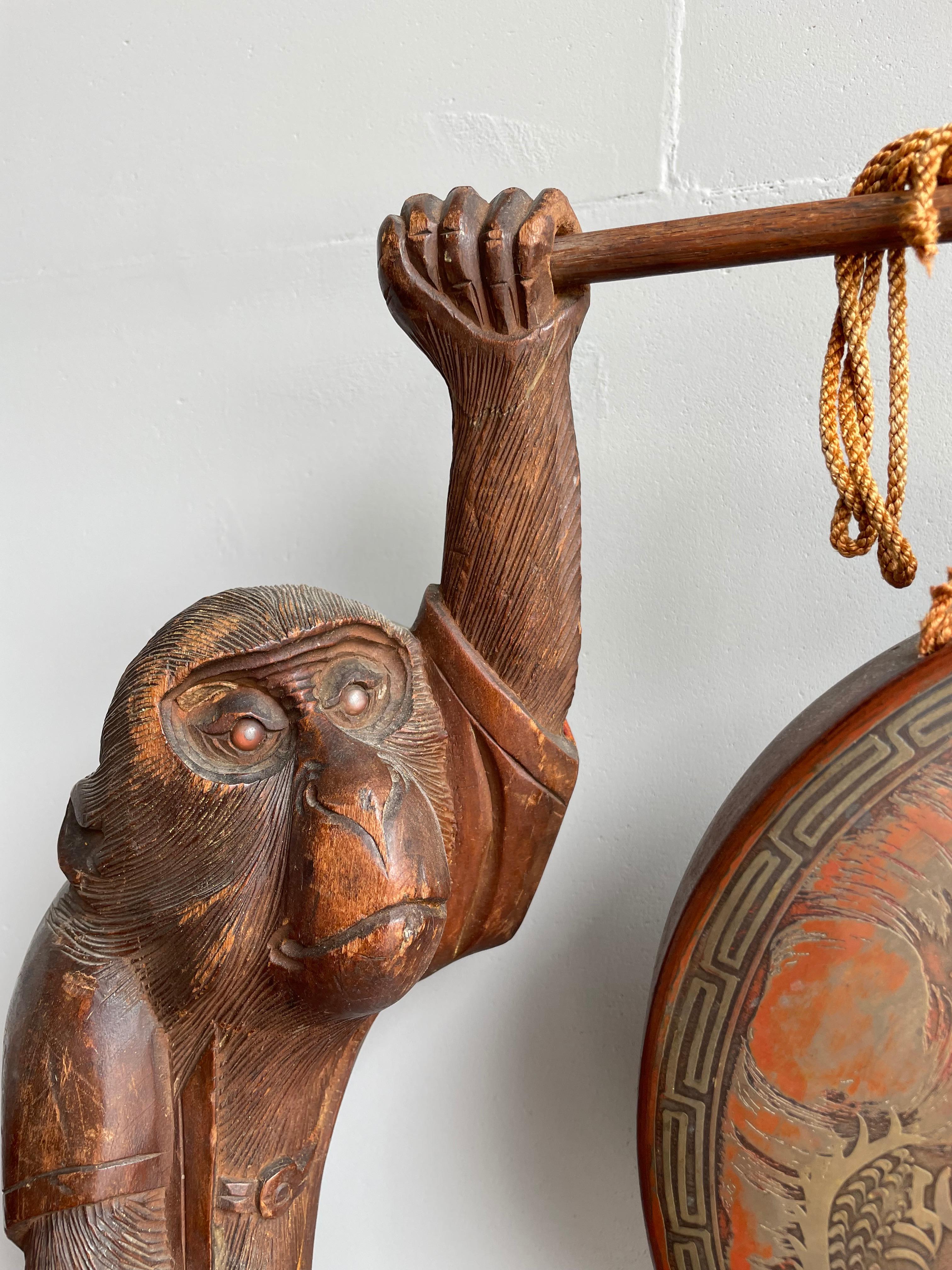 Chinese Export Antique Chinese Table Gong Held Up by Two Hand Carved Wooden Monkey Sculptures