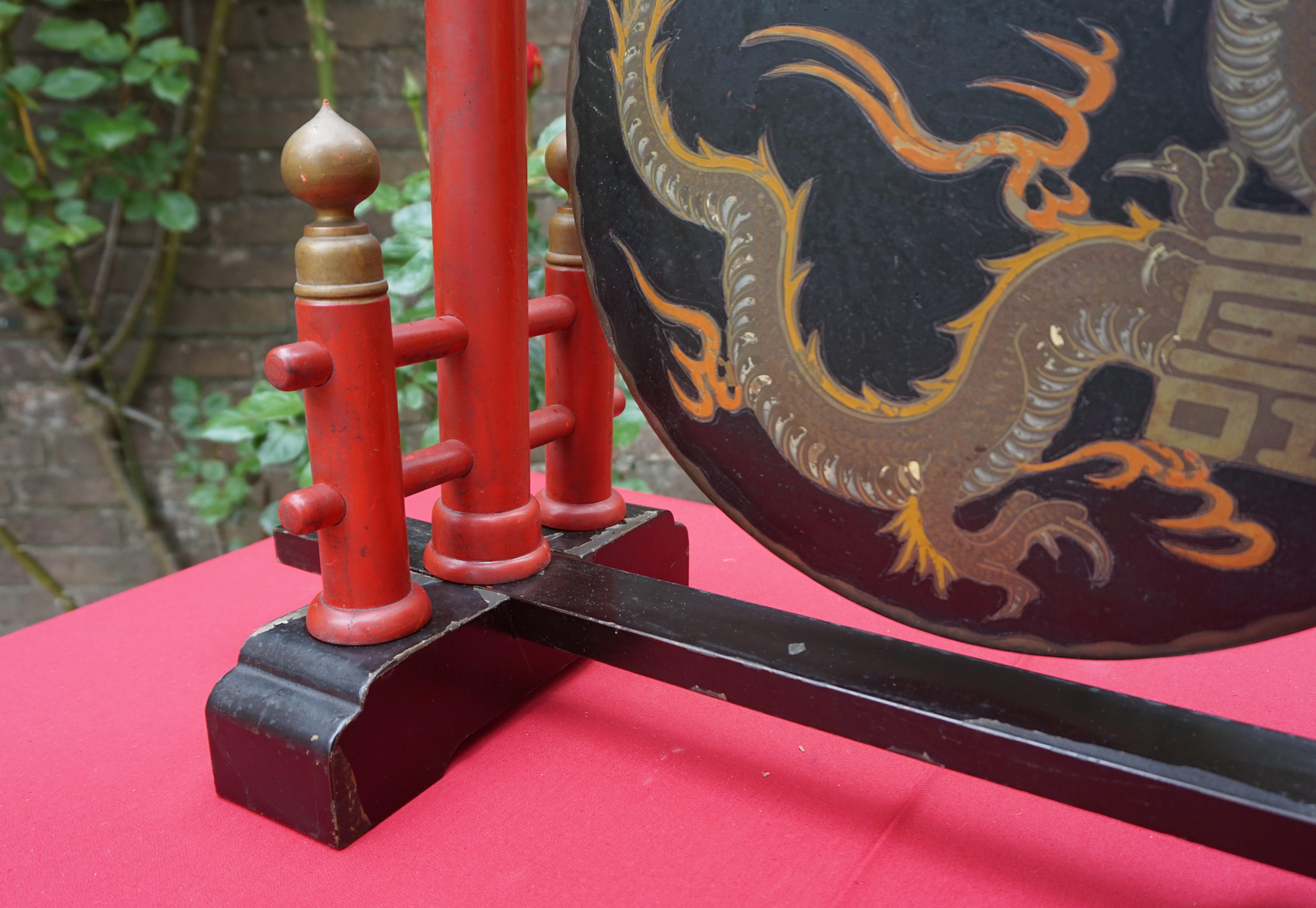 Antique Chinese Table Gong on Laquered Base W. Hand Painted Dragon on Brass Gong 4