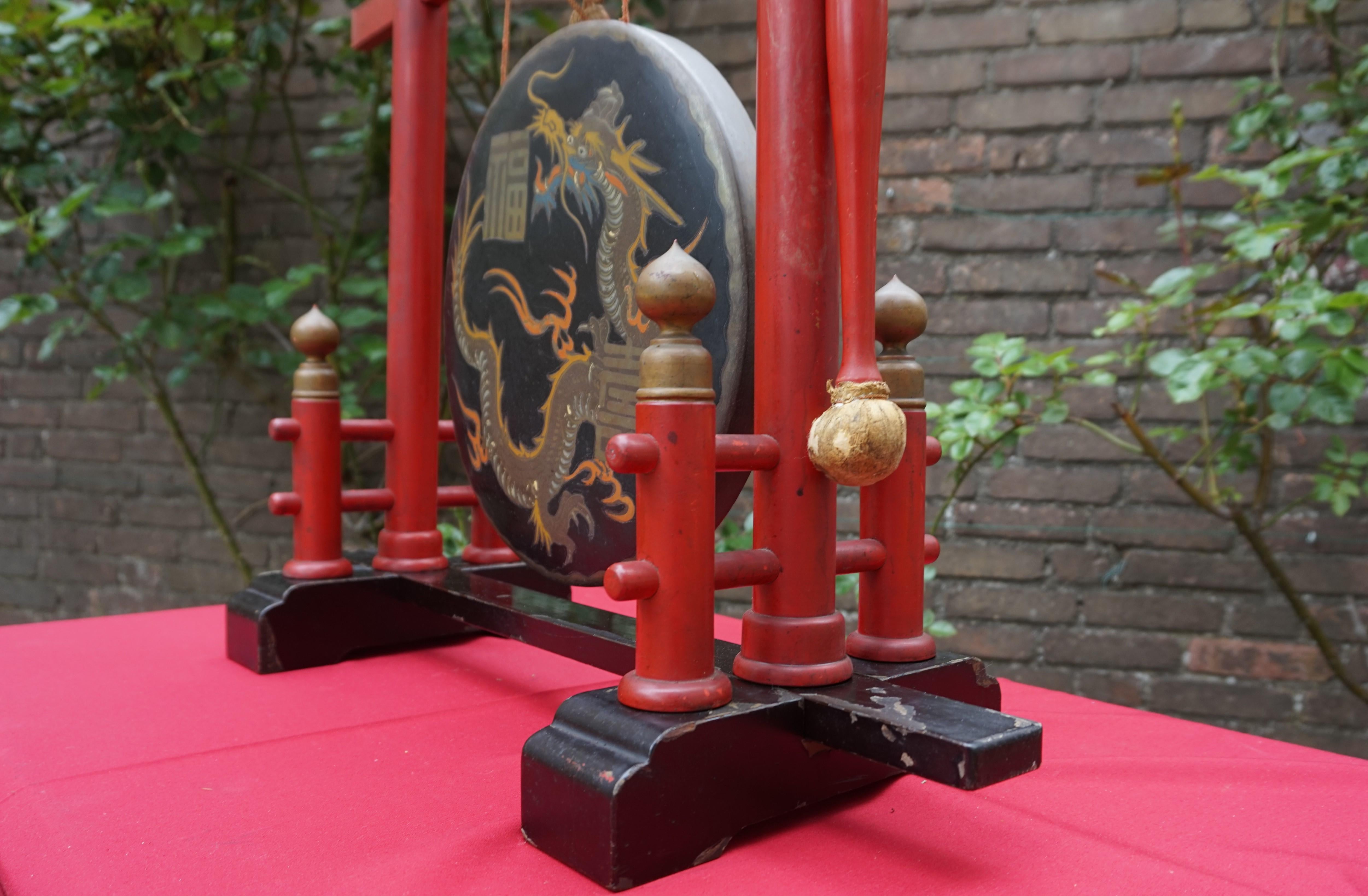Antique Chinese Table Gong on Laquered Base W. Hand Painted Dragon on Brass Gong 6