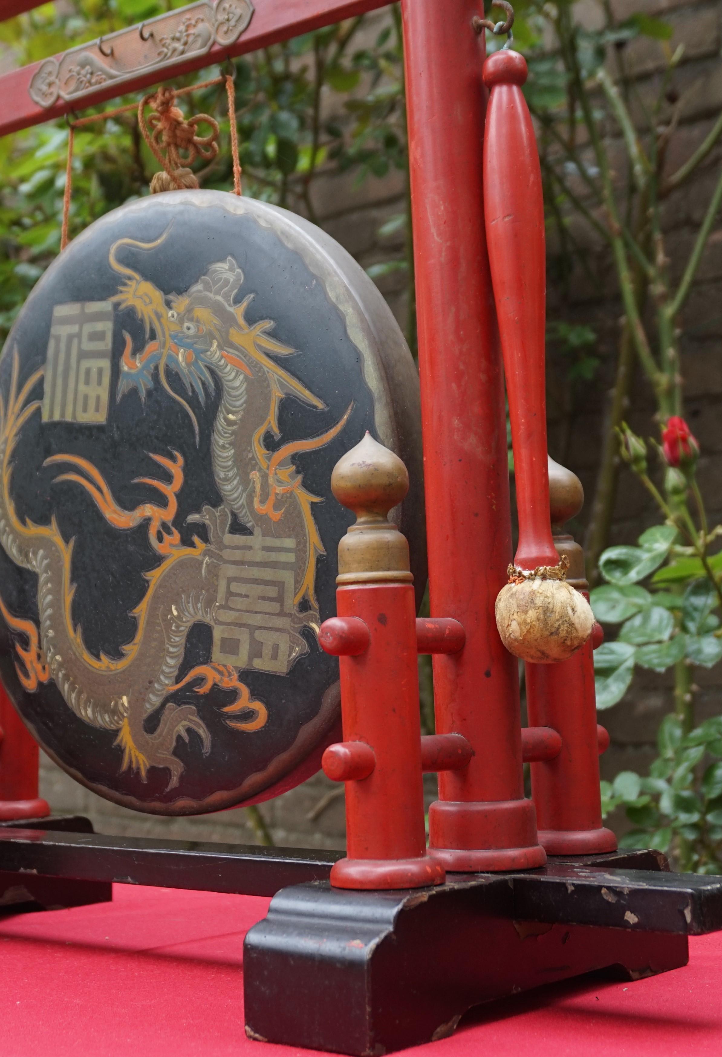 Hand-Crafted Antique Chinese Table Gong on Laquered Base W. Hand Painted Dragon on Brass Gong
