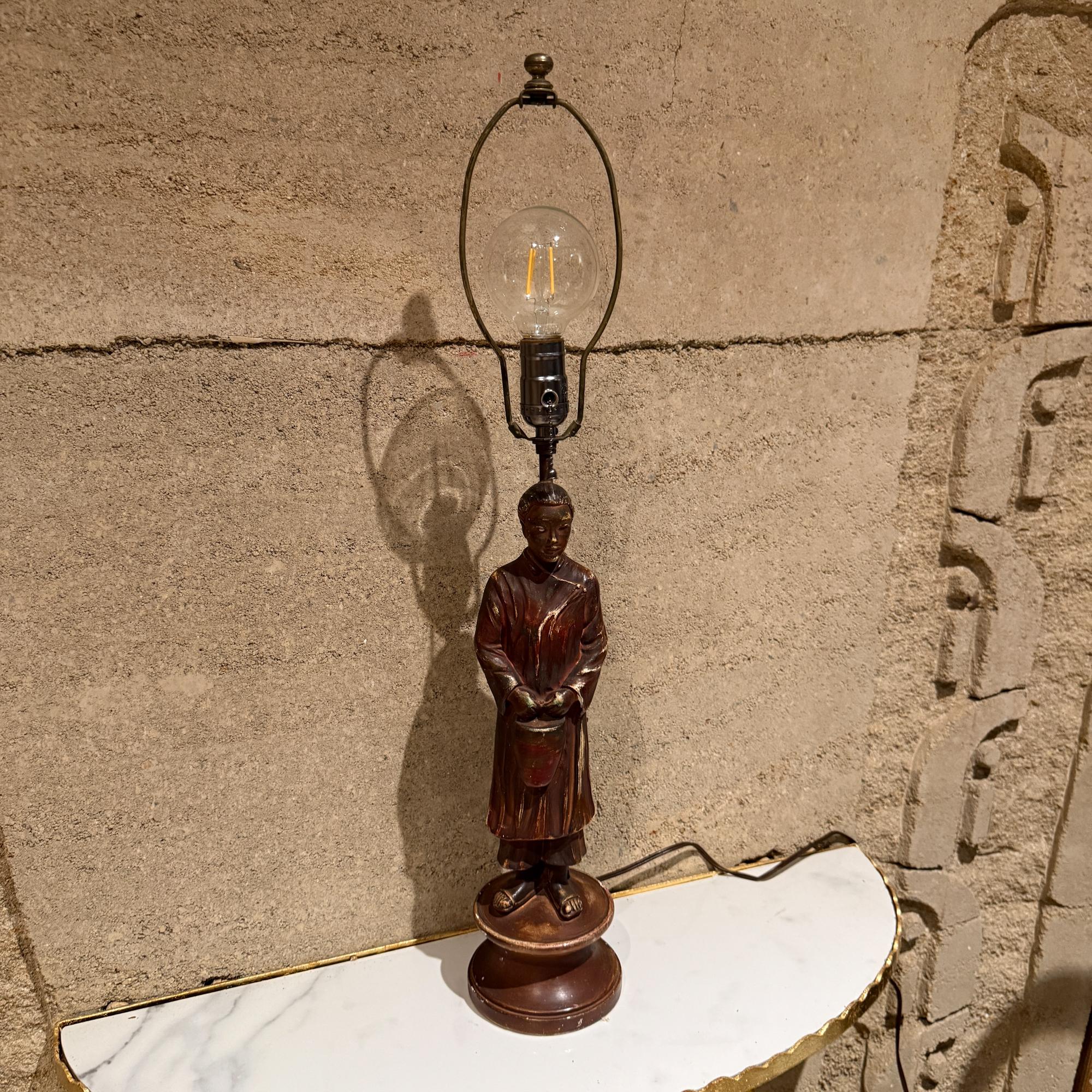 Chinoiserie Antique Chinese Table Lamp Gilded Figure Stature Plaster Sculpture For Sale