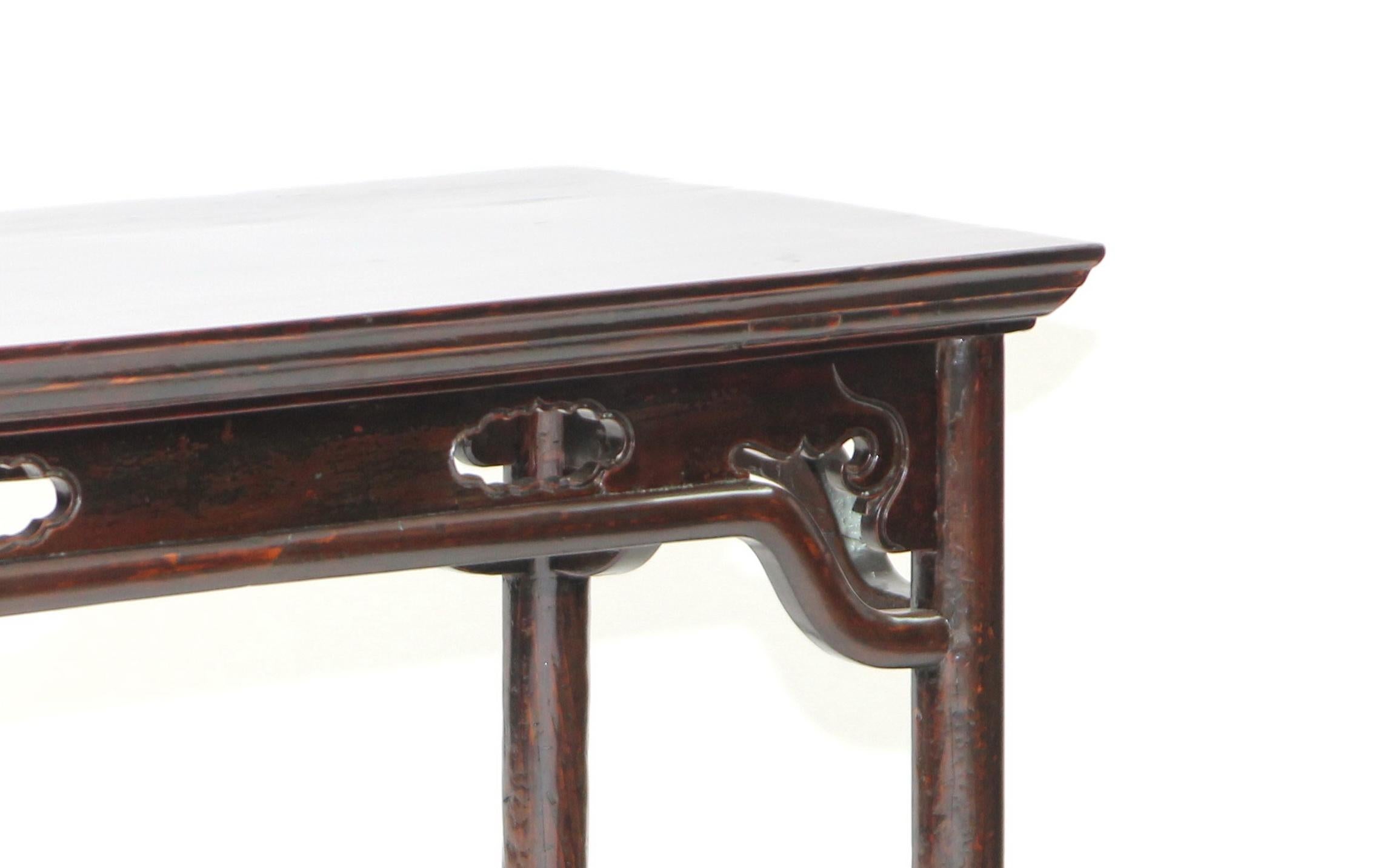 Hand-Carved Antique Chinese Table with Open-carved Aprons and Attached Humpback Stretchers