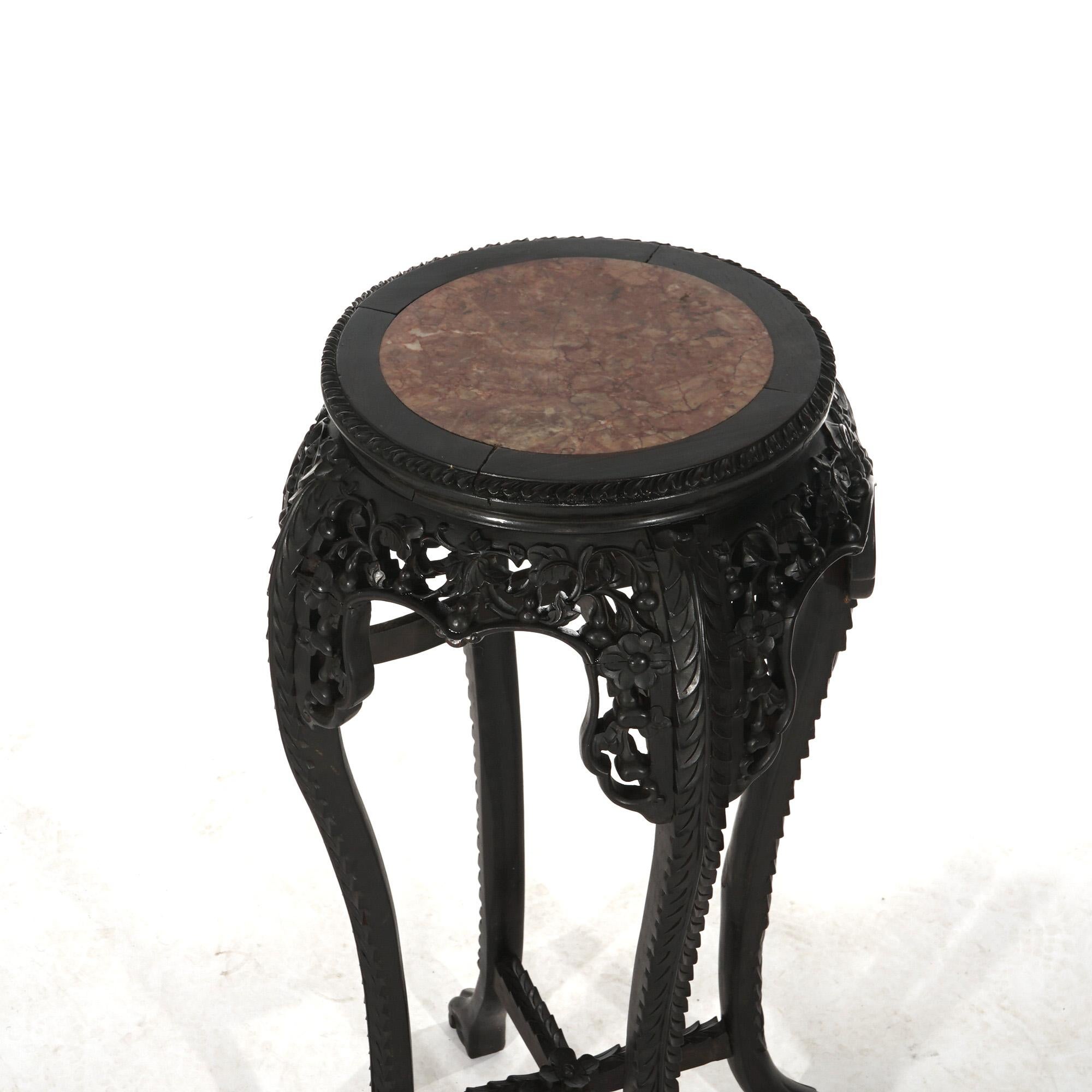 ***Ask About Reduced In-House Delivery Rates - Reliable Professional Service & Fully Insured***
Antique Chinese Tall Foliate Carved Hardwood & Inset Rouge Marble Stand C1910

Measures- 36''H x 20''W x 20''D