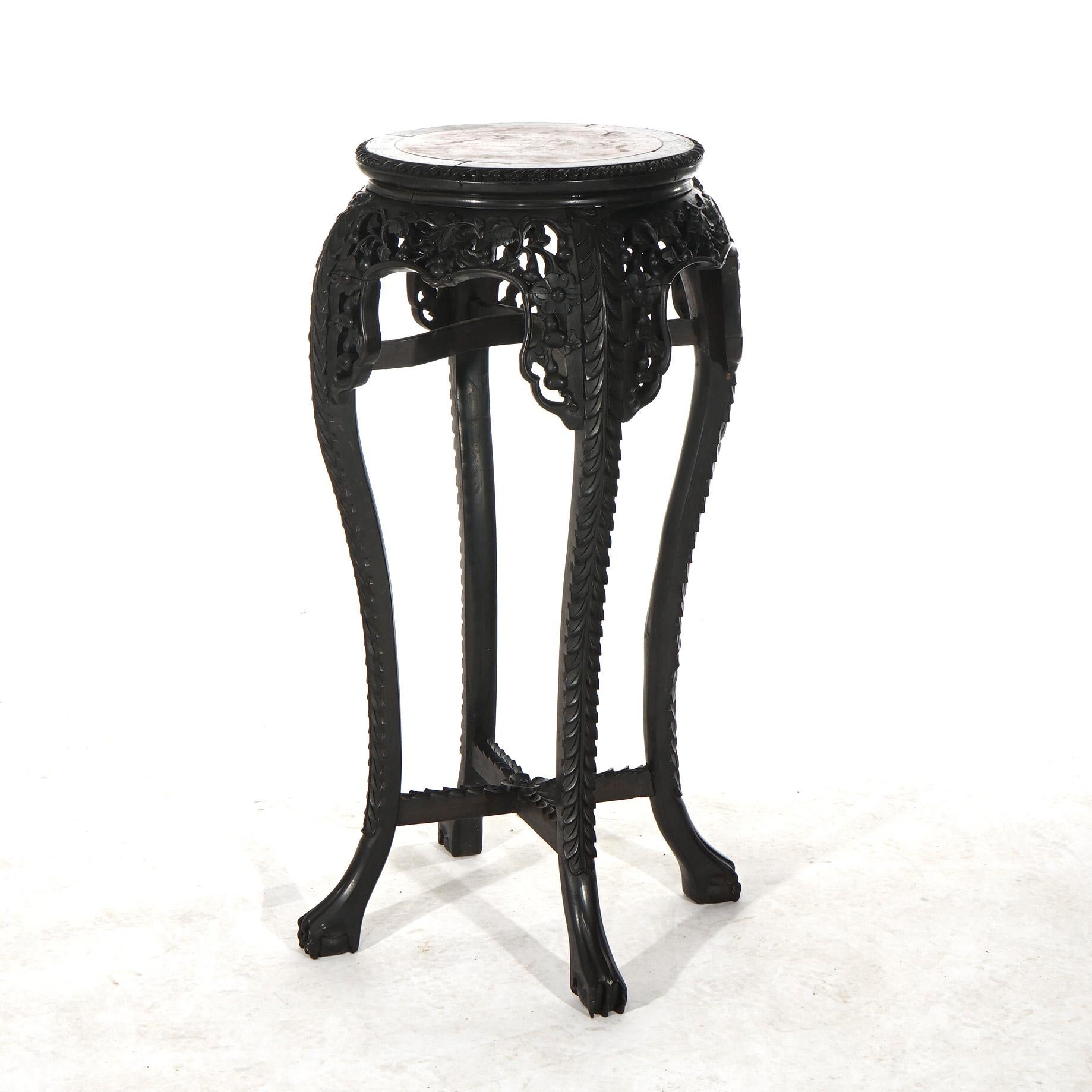 Antique Chinese Tall Carved Hardwood & Rouge Marble Table C1910 In Good Condition For Sale In Big Flats, NY