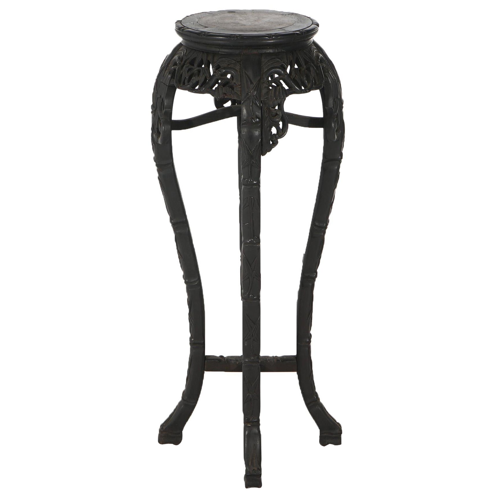 Ancienne table chinoise sculptée en bois dur et marbre rouge C1910