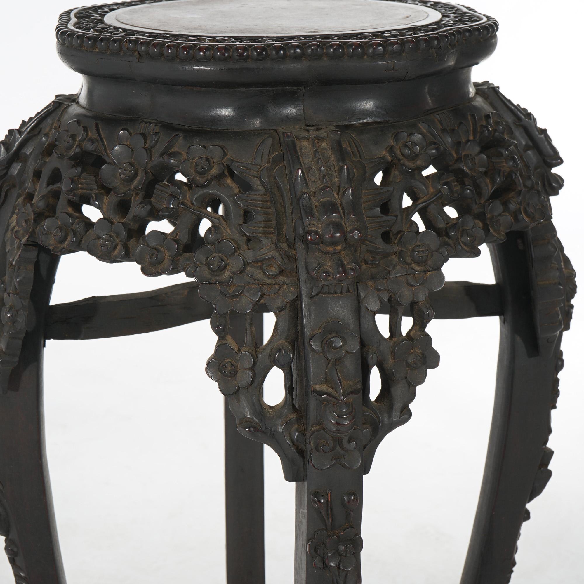 Antique Chinese Tall Foliate Carved Rosewood Rouge Marble Top Table C1910 For Sale 7