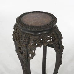Antique Chinese Tall Foliate Carved Rosewood Rouge Marble Top Table C1910