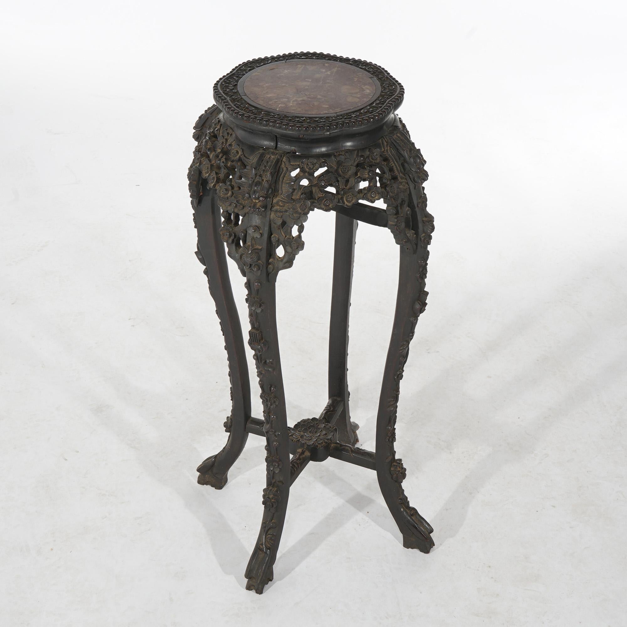 Antique Chinese Tall Foliate Carved Rosewood Rouge Marble Top Table C1910 In Good Condition For Sale In Big Flats, NY