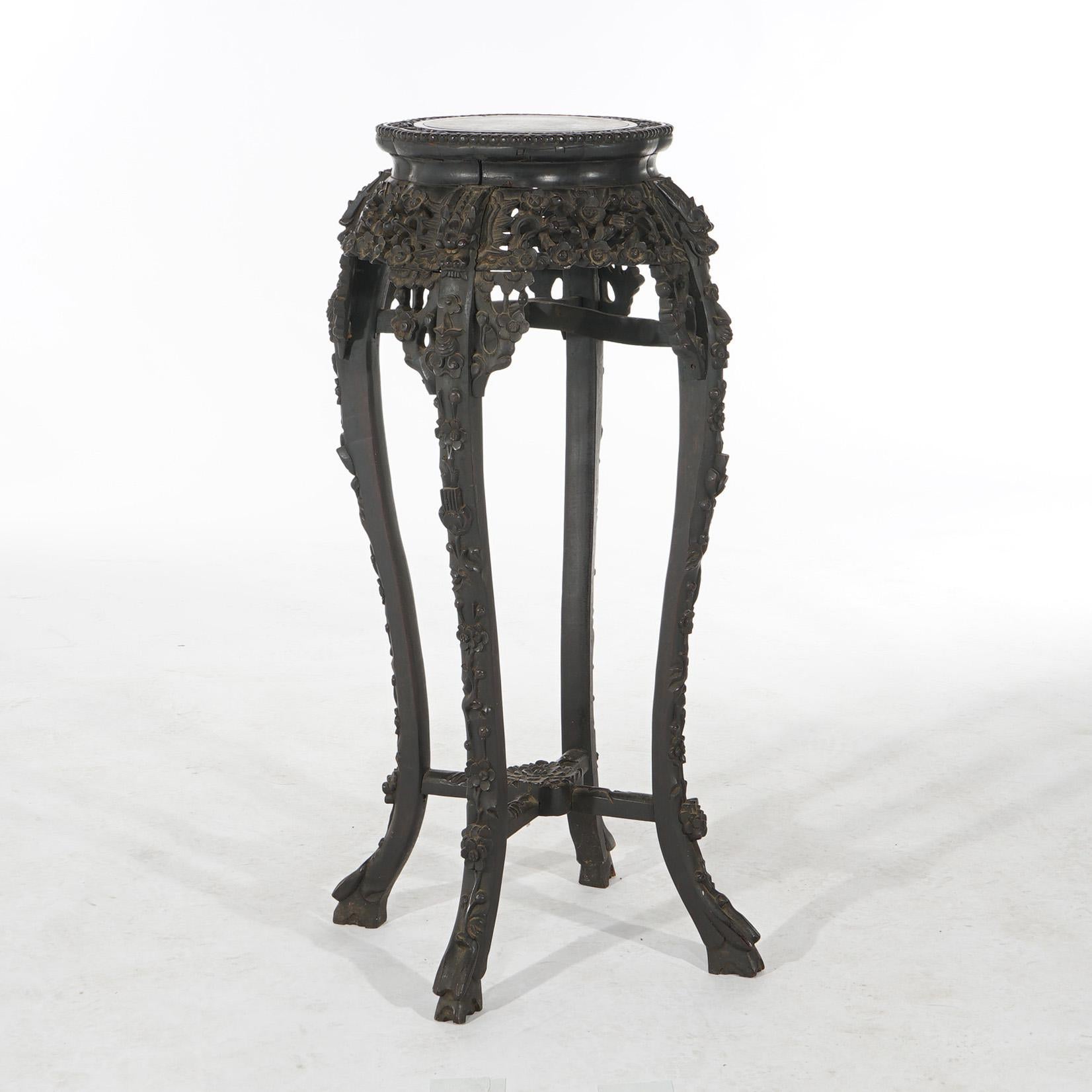 Antique Chinese Tall Foliate Carved Rosewood Rouge Marble Top Table C1910 For Sale 1