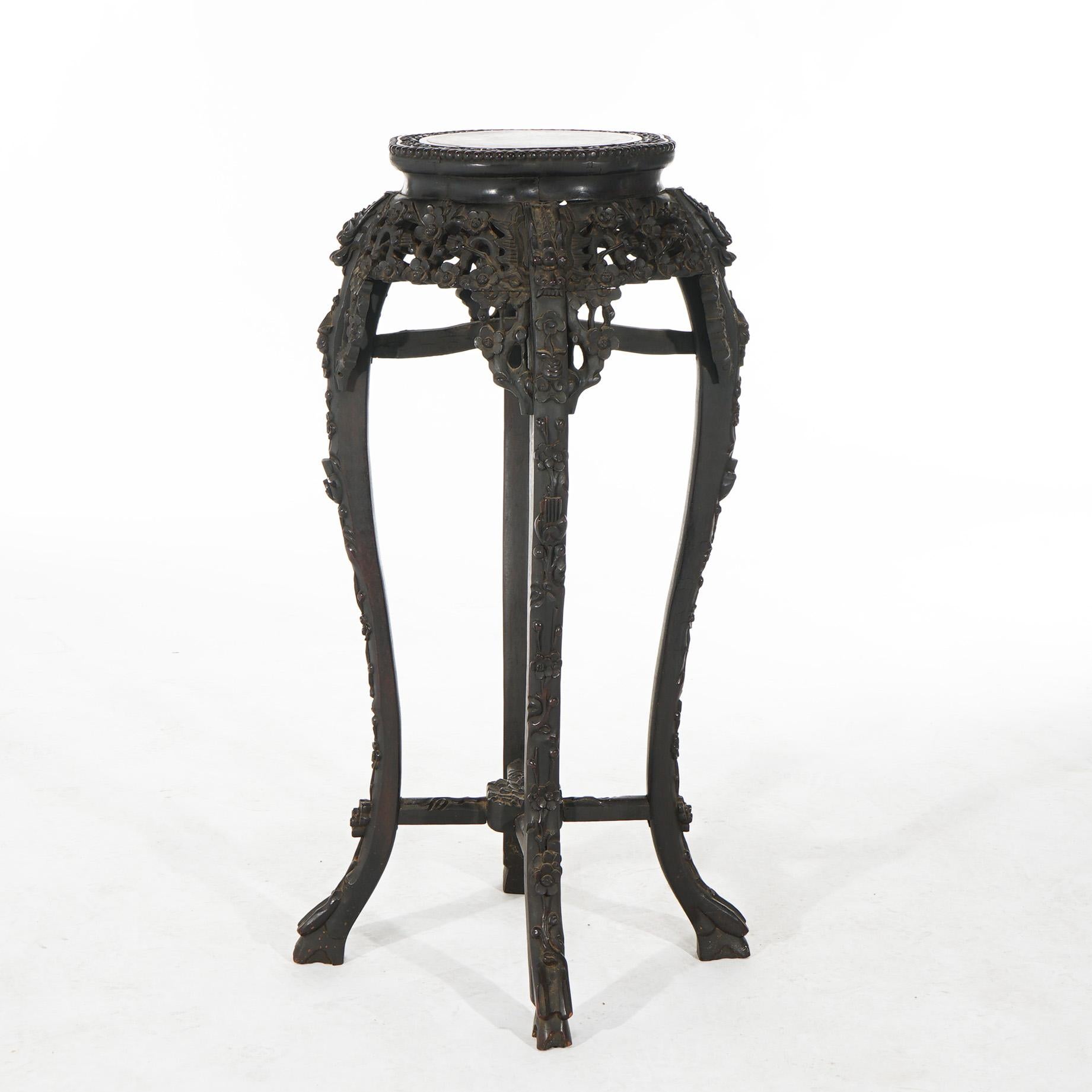 Antique Chinese Tall Foliate Carved Rosewood Rouge Marble Top Table C1910 For Sale 2