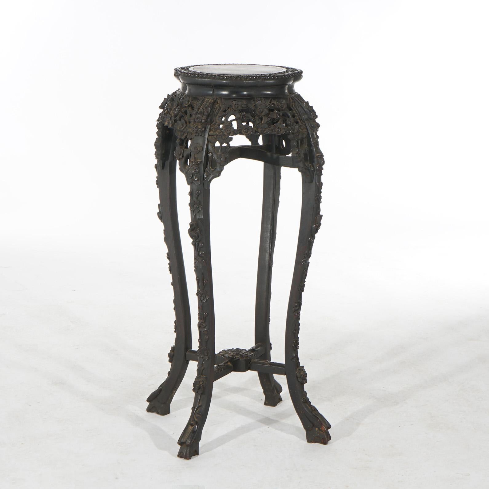 Antique Chinese Tall Foliate Carved Rosewood Rouge Marble Top Table C1910 For Sale 3