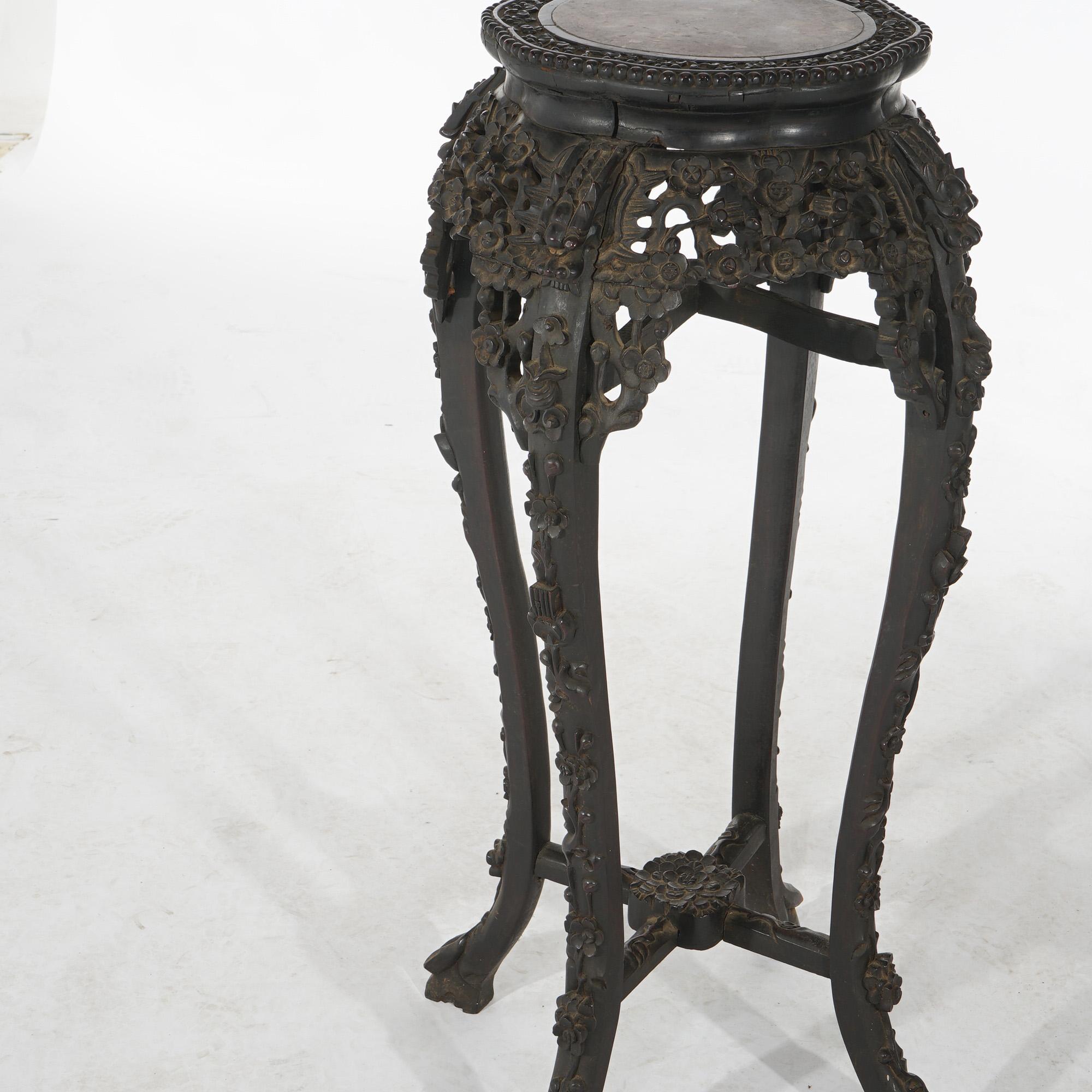 Antique Chinese Tall Foliate Carved Rosewood Rouge Marble Top Table C1910 For Sale 5