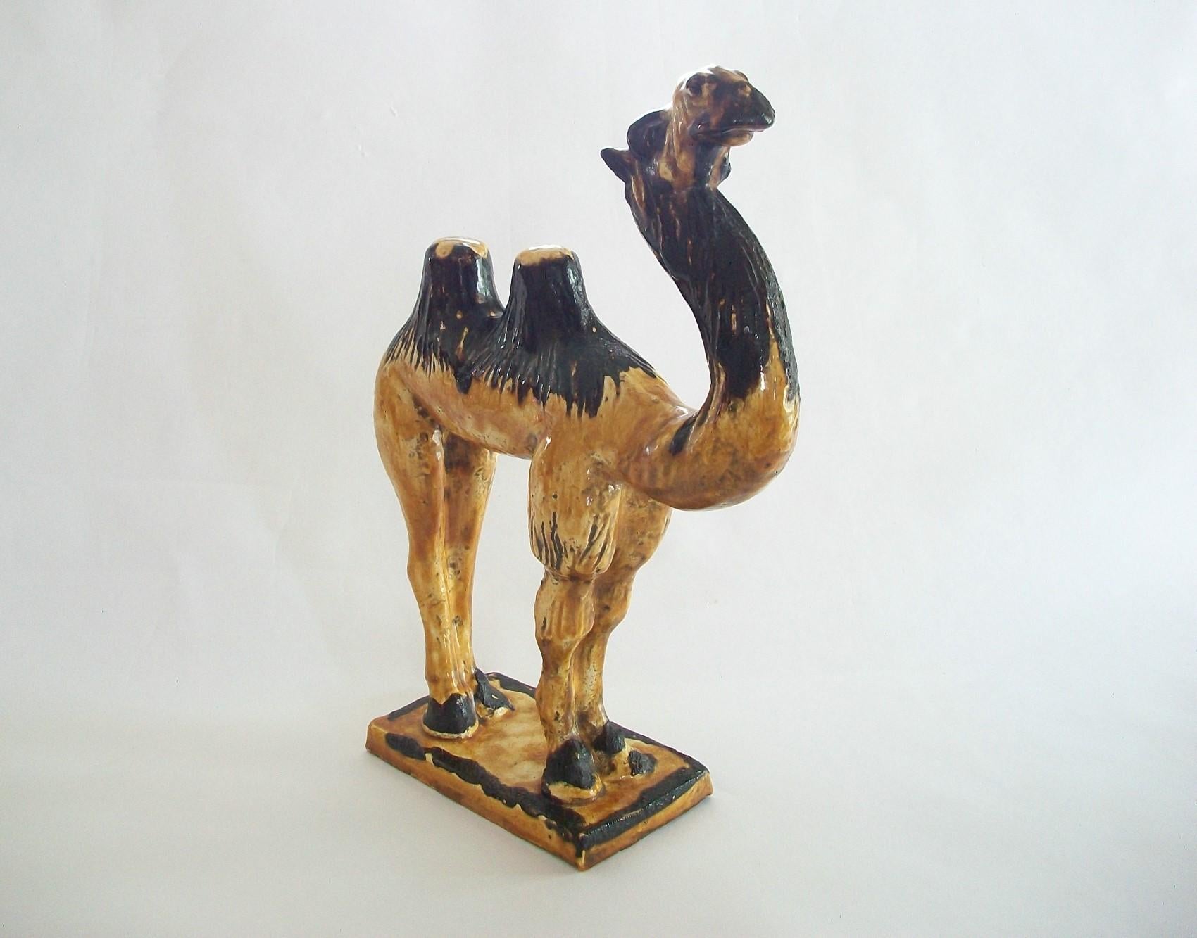 Hand-Crafted Antique Chinese Tang Style Glazed Terracotta Bactrian Camel Figure For Sale