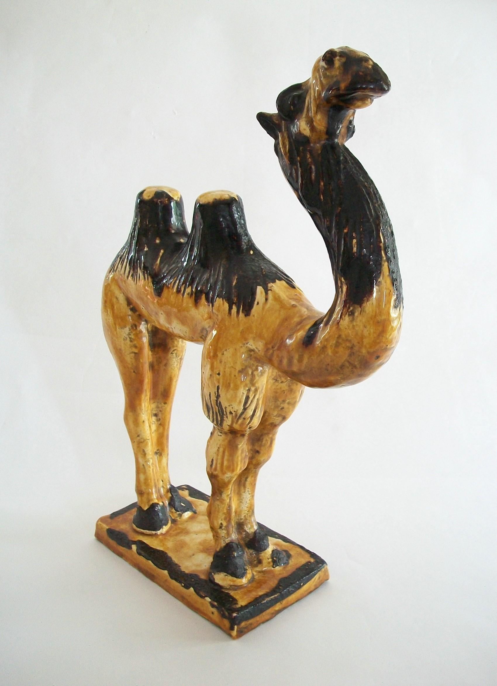 Antique Chinese Tang Style Glazed Terracotta Bactrian Camel Figure In Good Condition For Sale In Chatham, ON