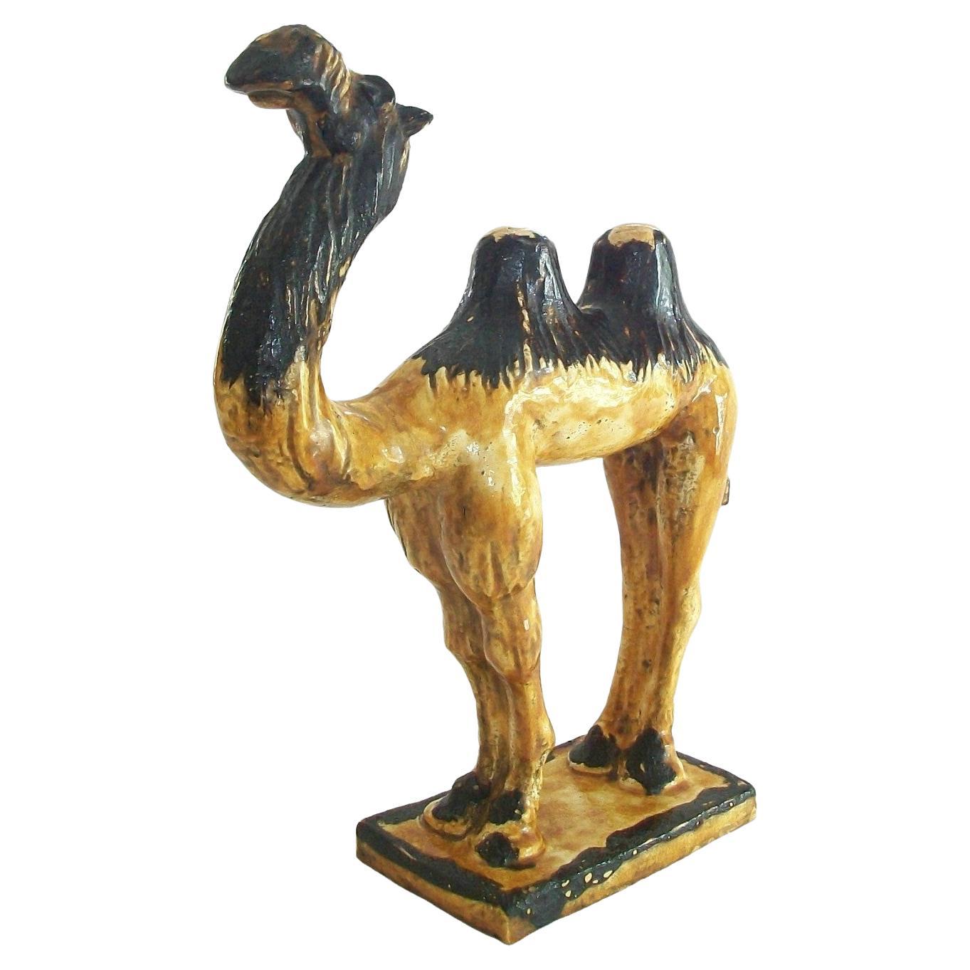 Antique Chinese Tang Style Glazed Terracotta Bactrian Camel Figure For Sale