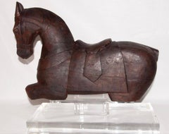 Antique Chinese Tang Style Carved Wood Horse on Modern Lucite Stand
