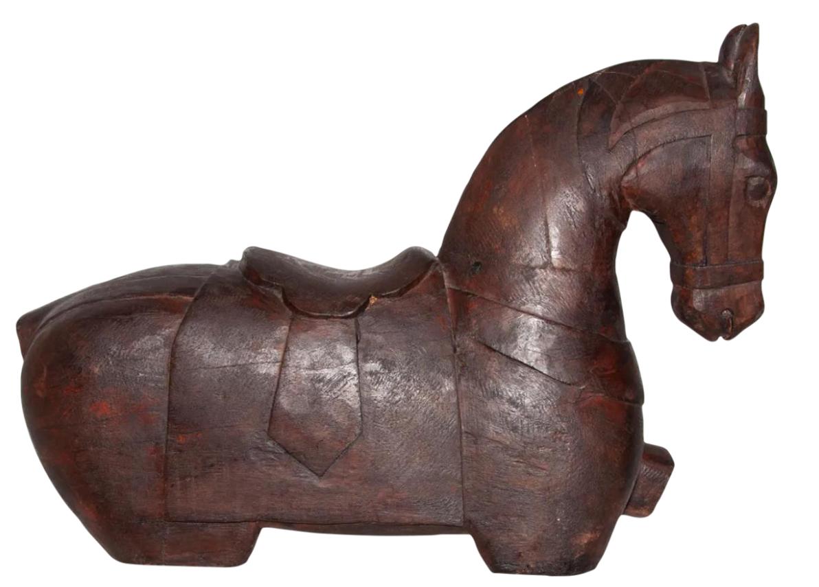 Antique Chinese Tang Style Carved Wood Horse on Modern Lucite Stand 1