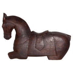 Antique Chinese Tang Style Carved Wood Horse on Modern Lucite Stand