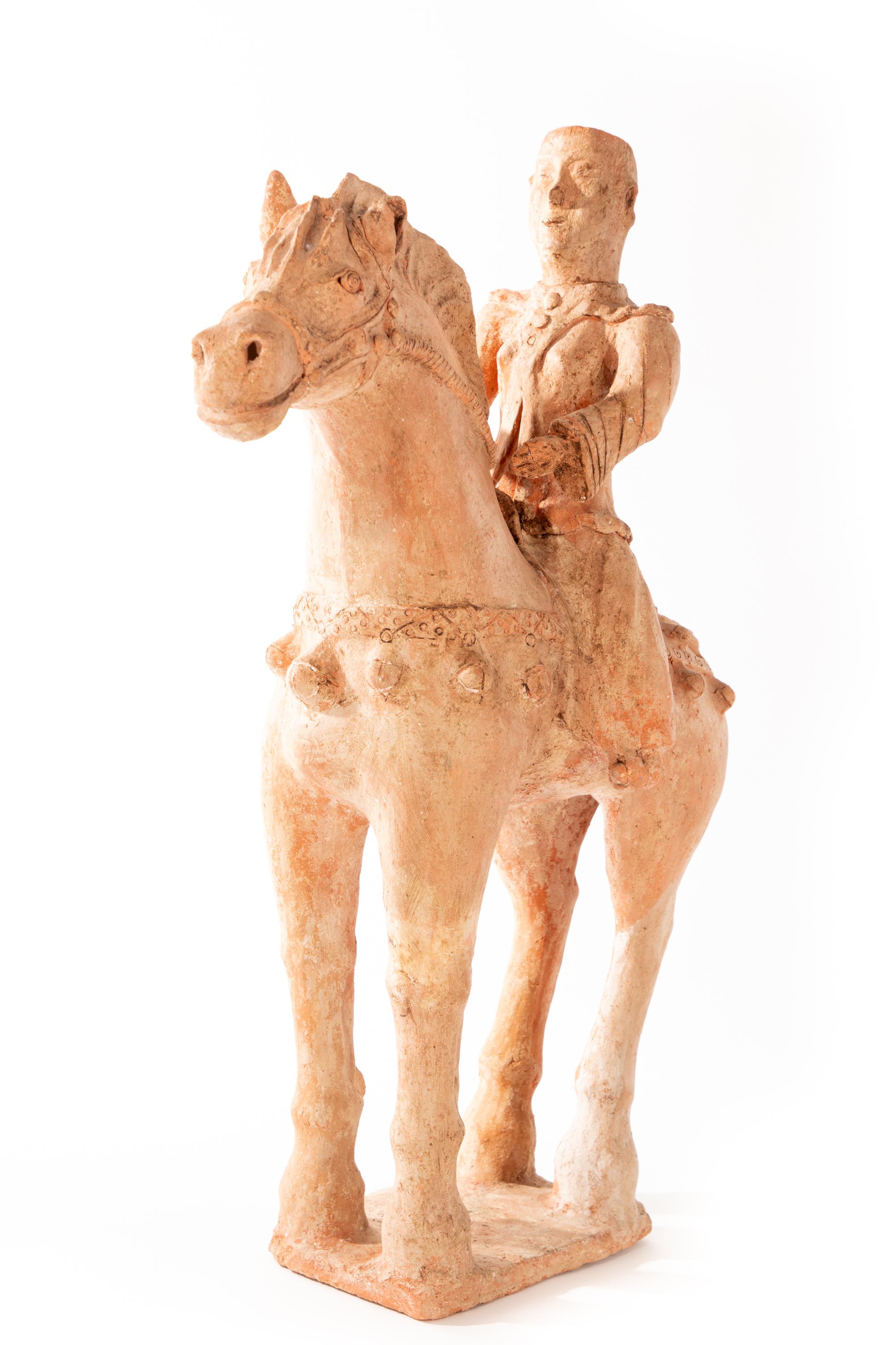 Antique Chinese Tang-Style Terra Cotta Horse and Rider 19th Century In Good Condition For Sale In Dallas, TX
