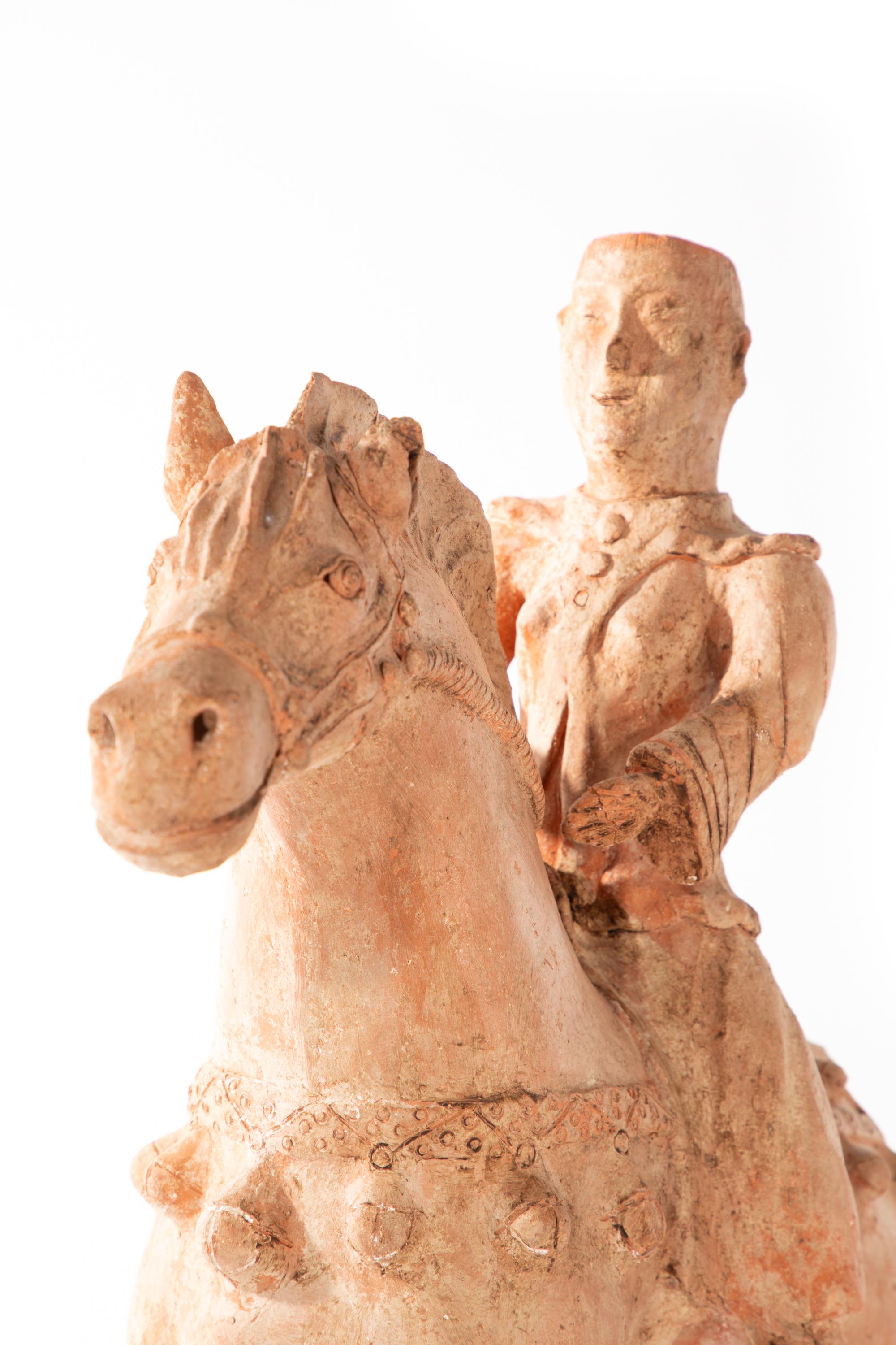 Terracotta Antique Chinese Tang-Style Terra Cotta Horse and Rider 19th Century For Sale